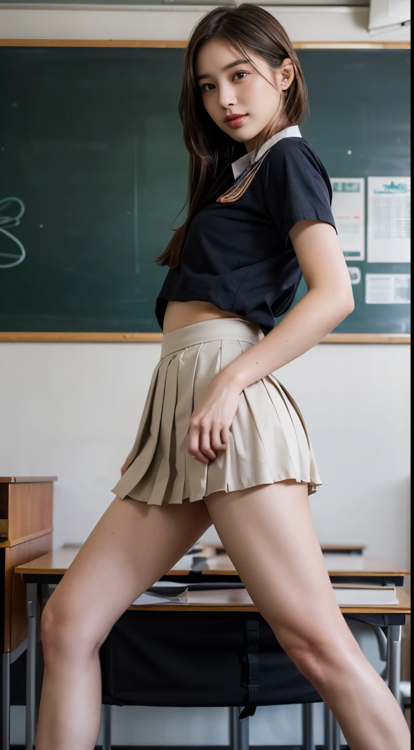 (1 girl), (sexy look:1.5), (flat chest:1.3), (very detailed目, very detailed顔), (超realistic, High resolution), (highest quality:1.4), (hyper quality), real skin texture, RAW photo, (realistic, Photoreal:1.37), very detailed, professional photography, (school uniform, pleated skirt:1.3), (look at me), (School, classroom), ((Face to face with me:1.4)), (from below:1.3), realistic private parts, lace panties, Japanese high school girl、超highest quality、masterpiece、超High resolution、written boundary depth、(Photoreal:1.4)、(award winning photos、信じられないほどのmasterpiece:1.3) 、RAW photography、golden ratio、Highly detailed CG Unity 8k wallpaper、detailed and complex、original、High resolution、RAW photo、(perfect body shape)、detailed and complex、Digital single-lens reflex camera、soft writing、(background person blur:1.1)、Sigma 85mmF/1.4、50mm Lenac lighting、nffsw、hyper real、color grade, Rear view,from below:1.3), (((Holding the hem of her skirt, she opens her legs and shows off her real pussy.:1.4))),