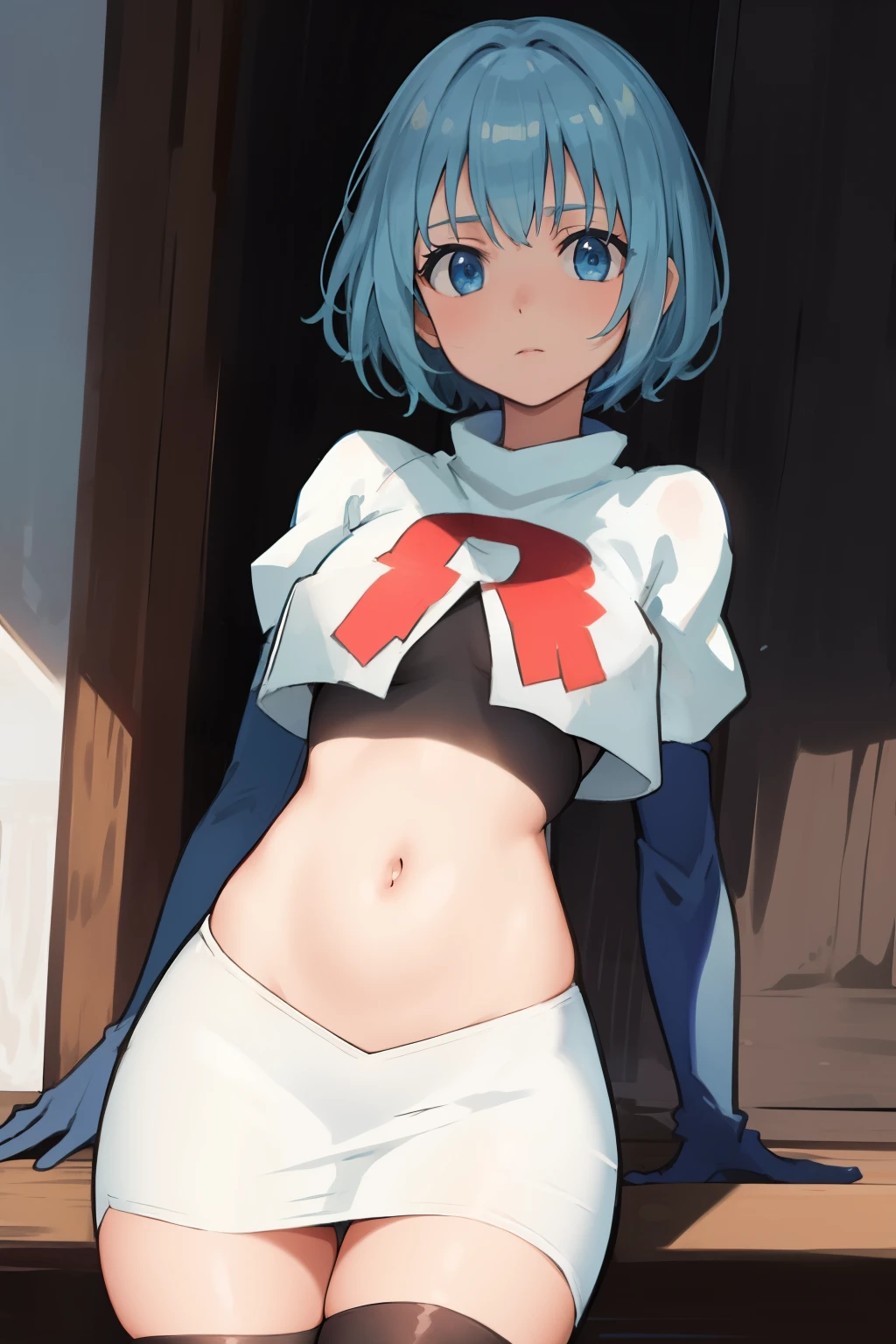 best quality, (masterpiece:1.2), highly detailed,
1girl, solo, lelei la lalena,
looking at viewer,
blue eyes, blue hair, short hair, small breasts, team rocket,team rocket uniform,white skirt,red letter R,crop top,black thigh-highs,black elbow gloves