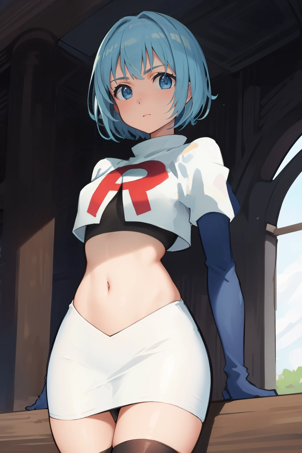 best quality, (masterpiece:1.2), highly detailed,
1girl, solo, lelei la lalena,
looking at viewer,
blue eyes, blue hair, short hair, small breasts, team rocket,team rocket uniform,white skirt,red letter R,crop top,black thigh-highs,black elbow gloves