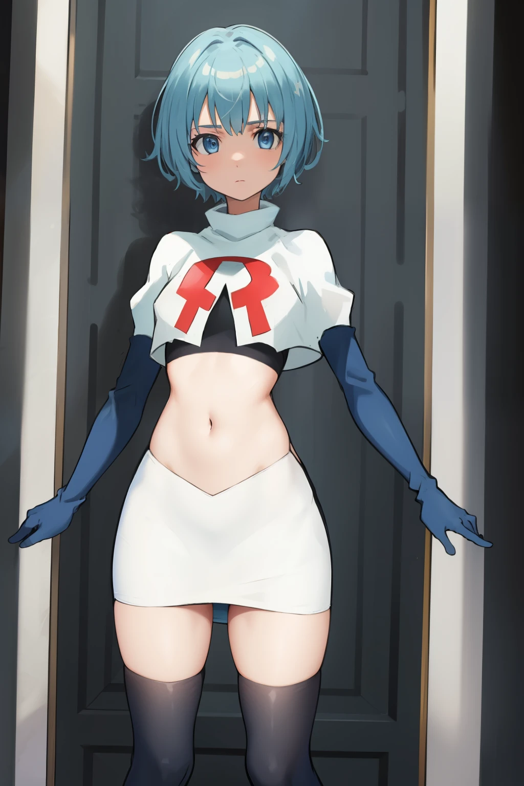 best quality, (masterpiece:1.2), highly detailed,
1girl, solo, lelei la lalena,
looking at viewer,
blue eyes, blue hair, short hair, small breasts, team rocket,team rocket uniform,white skirt,red letter R,crop top,black thigh-highs,black elbow gloves