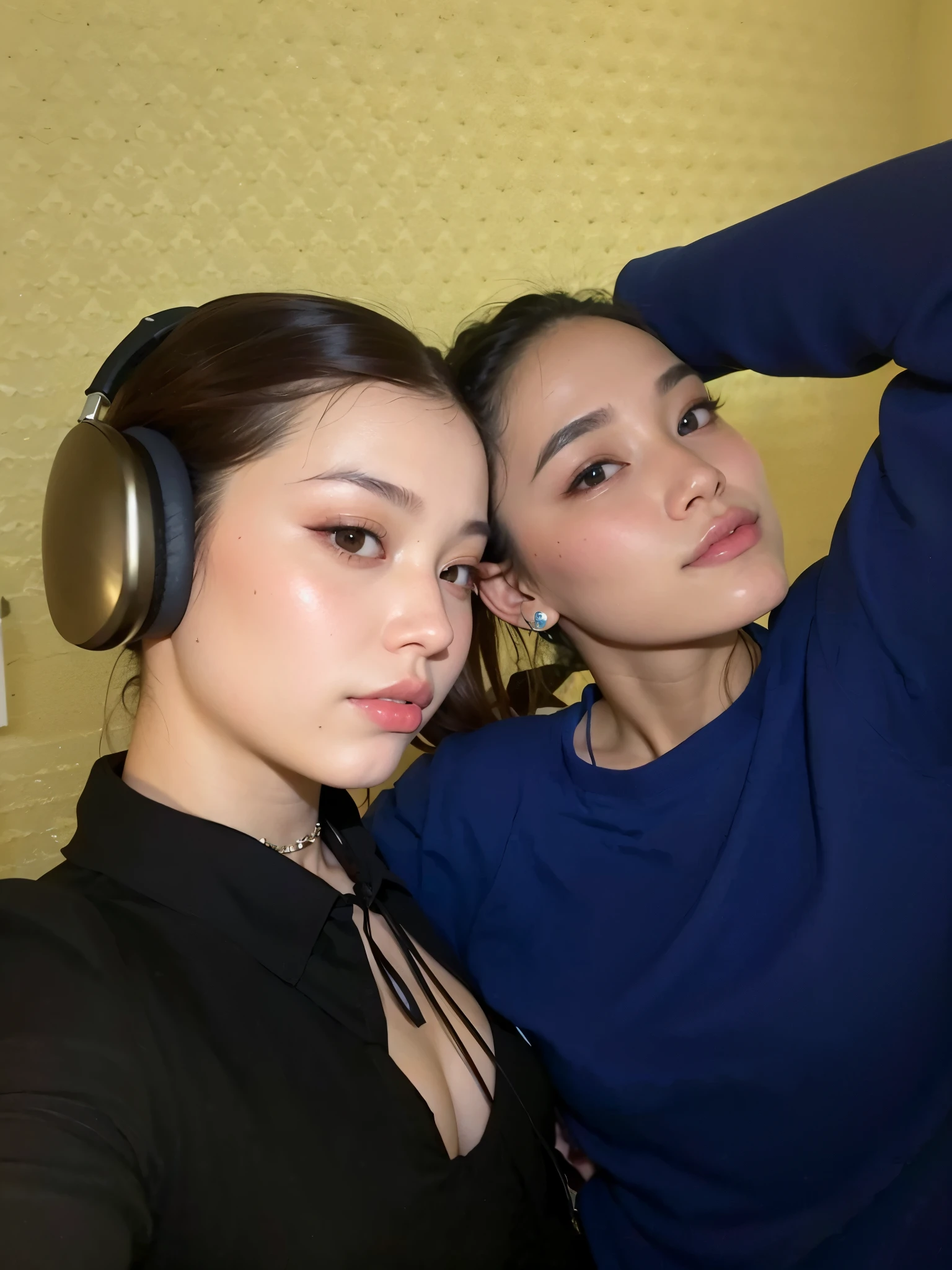 duas mulheres usando fones de ouvido posam para uma foto em uma sala, Ruan Jia e Mandy Jurgens, Ayami Kojima e Lyde Caldwell, inspirado em Wang Duo, com fones de ouvido, com fones de ouvido, KDA e Sam Yang, gema chen, Jordan Grimmer e Natasha Tan, 🤬 🤮 💕 🎀, Bella Poarca, com preto, Jin Shan e Ross Tran