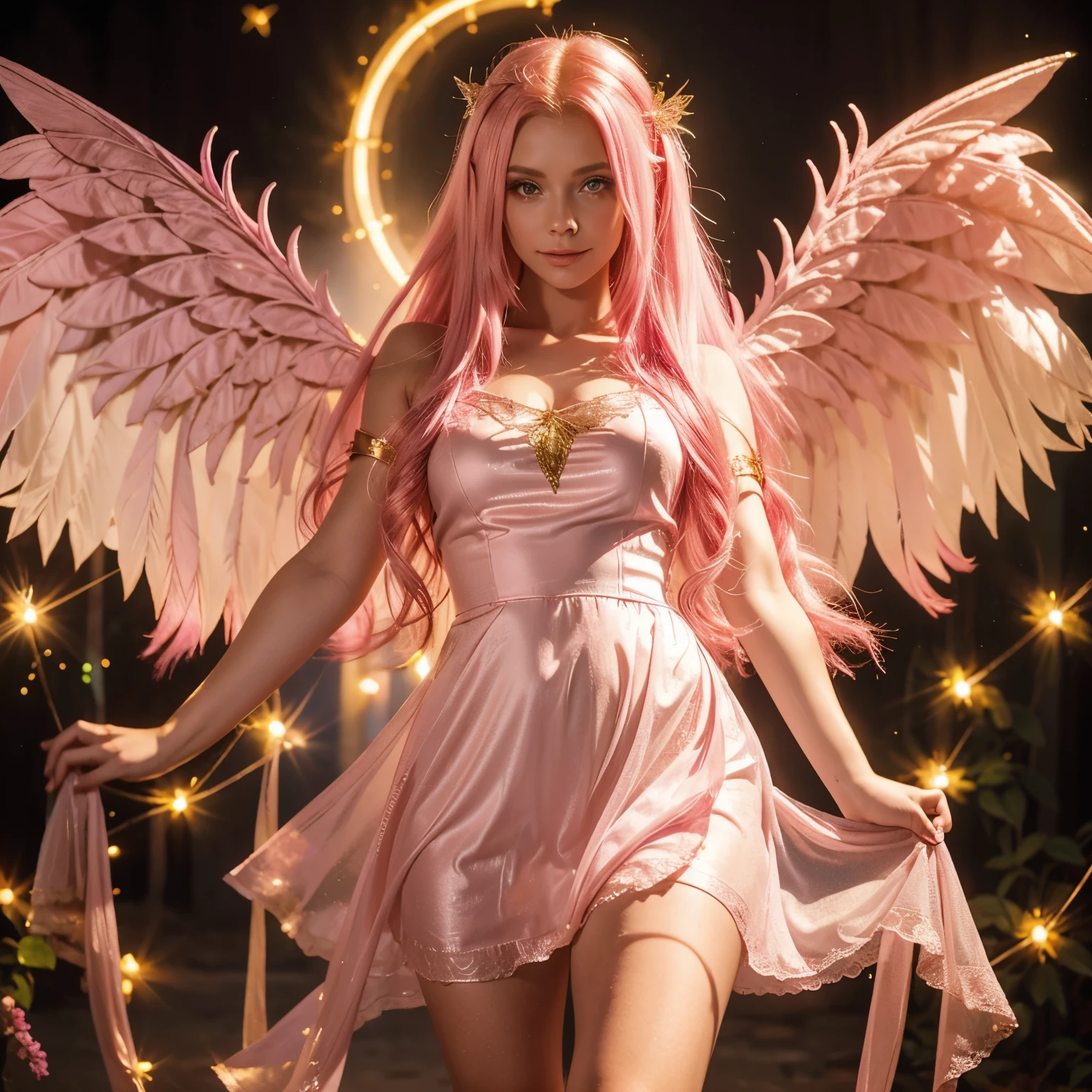 An adult fairy with long pink hair and golden eyes wear a dress and wing like tinkerbell