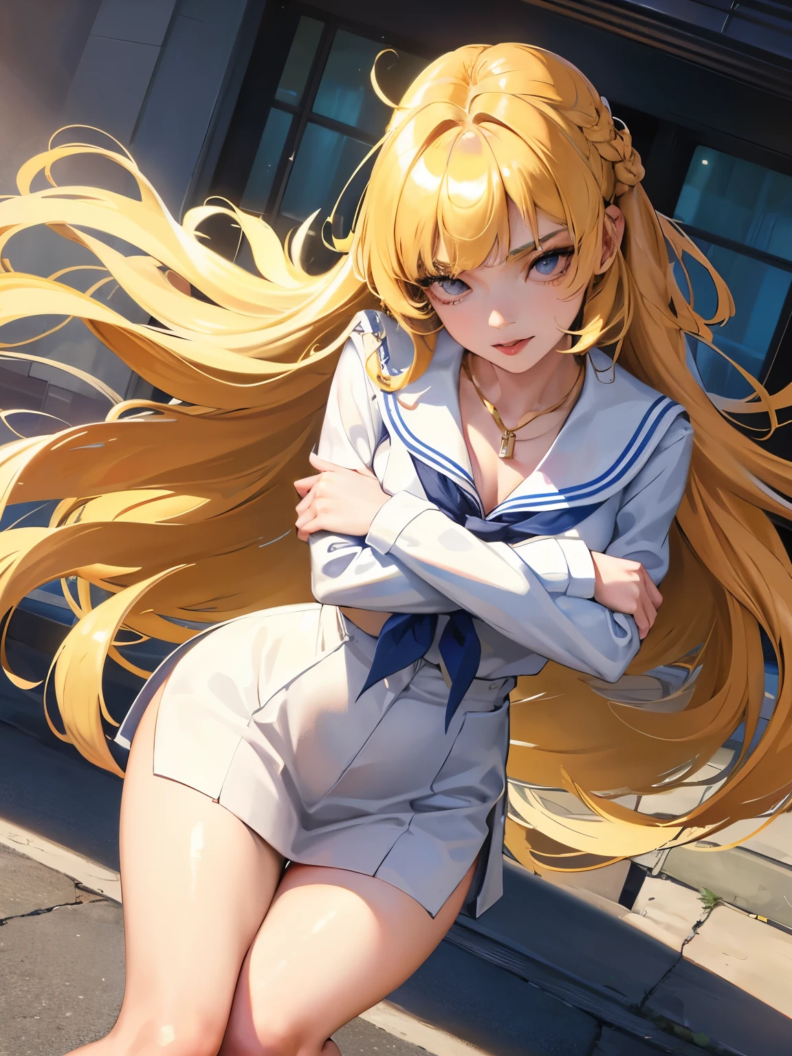 pov,slouch+,on side,tsurime+++,(arms crossed)++,diagonally,pigeon,(photo realistic)++,toed,lovehandle,oil++,solo,girl,necklace,thigh+++,school uniform,masterpiece,lens flare,(shiny eyes)+++,gold hair,hime_cut,long hair,blunt bangs,shiny hair,center face,foreground in photo,realistic+,makeup,empty eyes,tongue,gal,leaning forward,action