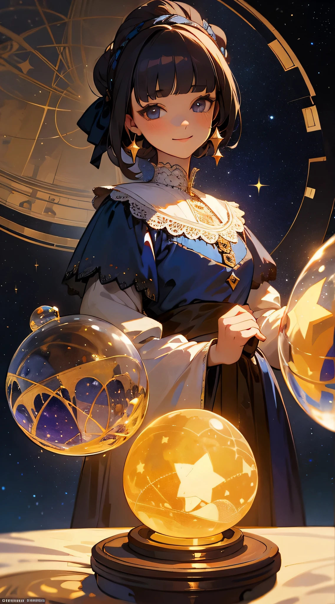 woman painted by vermeer, wearing a lace dress, starry sky, wonderful, crystal ball on background、smile