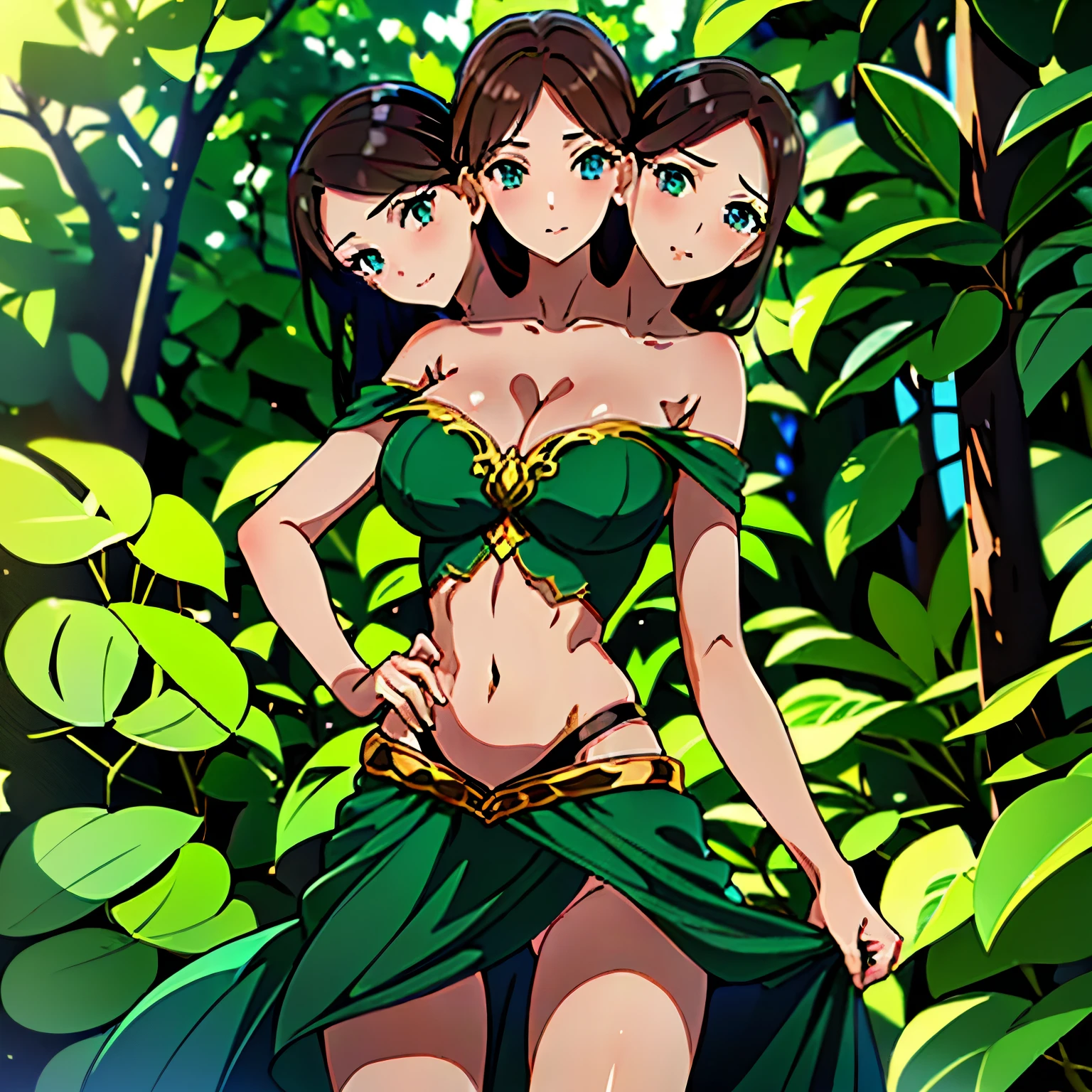(masterpiece),(ultra-detailed), (high quality), (high resolution), (best quality:1.5, highres, UHD), highres, absurdo, ultra detail, ultra quality, Ultra resolution, 16k, ((2heads:1.5)), 1girl, anime girl with two heads, (brown hair), very huge breasts, cleavage, t-shirt, detailed dark blue green color eyes), casual dress, sexy proportions, Beautiful girl with accentuated slender abs, long legs, seductive woman, lustrous and smooth skin, cowboy shot, ((temperate forest background)), mature woman, ((ettin))
