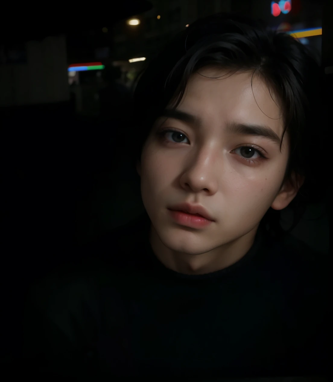 imagem arafada de um homem de camisa preta olhando para um celular, Jinyoung Shin, Jung Jaehyun, adorable and pale korean face, The eyes are shining, com olhos brilhantes, inspirado em jeonseok lee, Kim Doyoung, numerosos olhos vagamente brilhantes, com enormes olhos luminosos e tristes, Ulzzang masculino, your eyes are red and glowing