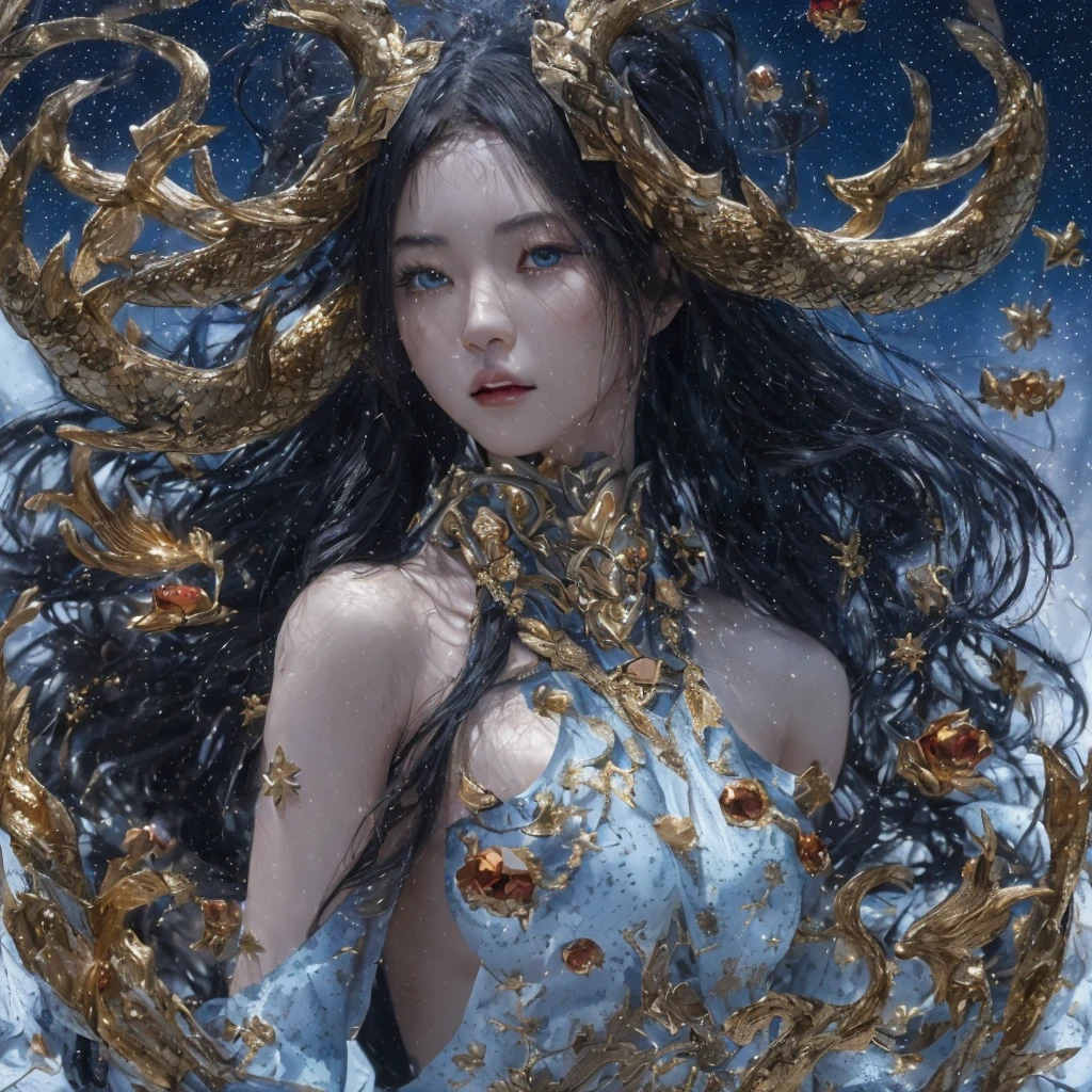 Feitian Nine Tails Light Blue Celestial Master Flame Long Hair Antler Star，Telephoto tilt-shift，novel，Torch Night Black Gold Orange Snake Print Silk Trousers，Rouge Diamond Tulle Sheer Lizard Print，Fat girl flying in space in the snow 1:900 miniatures，Front view，pure transparency，put on boxing gloves，佩戴金框反Light太阳镜，Panoramic super wide angle，very happy，Authentic and delicate texture，Strong visual impact，super detailed，dream girl，delicate face型，beautiful eyes，Hair floating in the air， cherry style，Zhou Xiaotong，crystal clear，Good sense of perspective，Light影效果，16KLight滑，surface reflected Light，flowing black hair，Water Goddess 32K，complicated，grace，Very detailed，Gorgeous，digital photography，Autumn Cowboy Shooting，Surrealism，broken ruby，defeat magic，Water magic entanglement，（masterpiece，Light，beautiful eyes：1.2），high dynamic range，void 5 energy storm，(china 1 girl，black eyes:1.5），rouge skin，发Light的皮肤，(sit on stone：1.5），delicate face，black hair，穿上Gorgeous金色铠甲，take off shoulders，，short skirt，beautiful golden armor，it&#39;it&#39;It&#39;s raining，beautiful big breasts，looking at the audience，Turn your back to the camera，masterpiece，side,side portrait close-up
