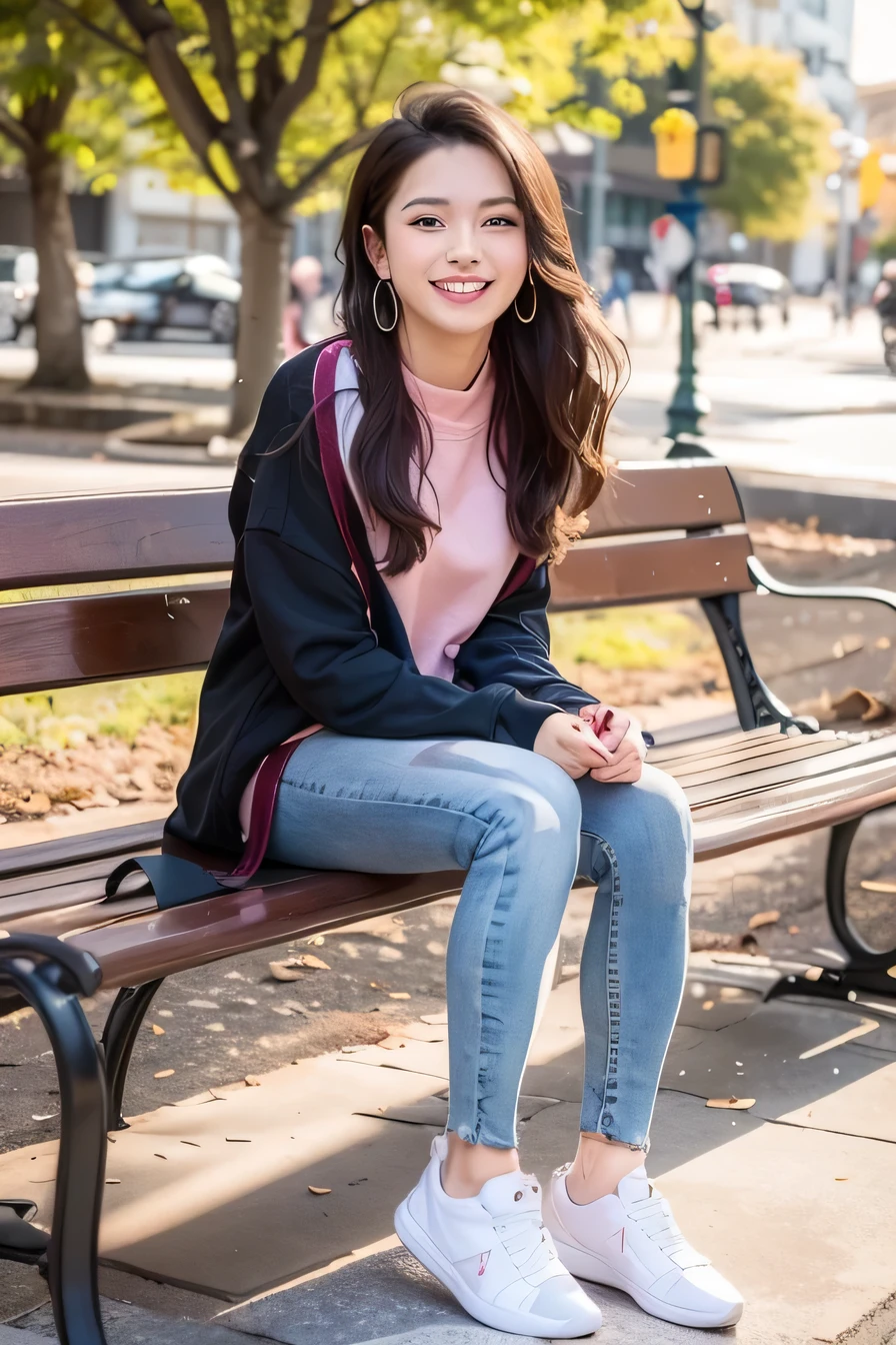 masterpiece,highest quality, masterpiece,highest quality, A neat and beautiful woman sitting on a park bench、black hair、hoodie、skinny denim、sneakers、wear socks、refreshing smile、smile showing teeth、full body photo、hairstyle semi long