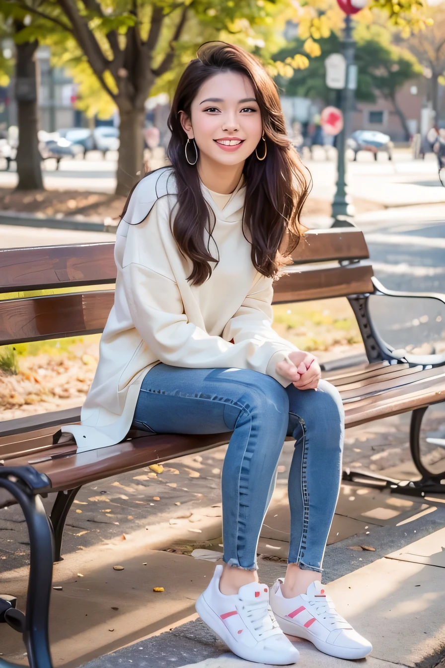 masterpiece,highest quality, masterpiece,highest quality, A neat and beautiful woman sitting on a park bench、black hair、hoodie、skinny denim、sneakers、wear socks、refreshing smile、smile showing teeth、full body photo、hairstyle semi long
