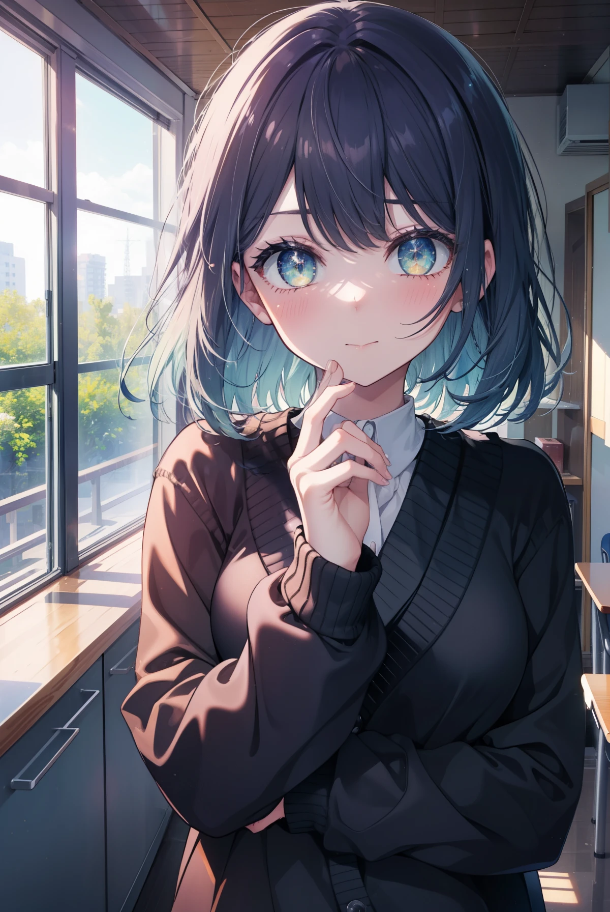 akanekurokawa, Akane Kurokawa, aqua eye, blue hair, medium hair, side lock,blush,
break black カーディガン, black pantyhose,brown loafers,pulling the hem of the cardigan down,embarrassing,内股にしてある
break looking at viewer,
break indoors, classroom,
break (masterpiece:1.2), highest quality, High resolution, unity 8k wallpaper, (figure:0.8), (detailed and beautiful eyes:1.6), highly detailed face, perfect lighting, Very detailed CG, (perfect hands, perfect anatomy),