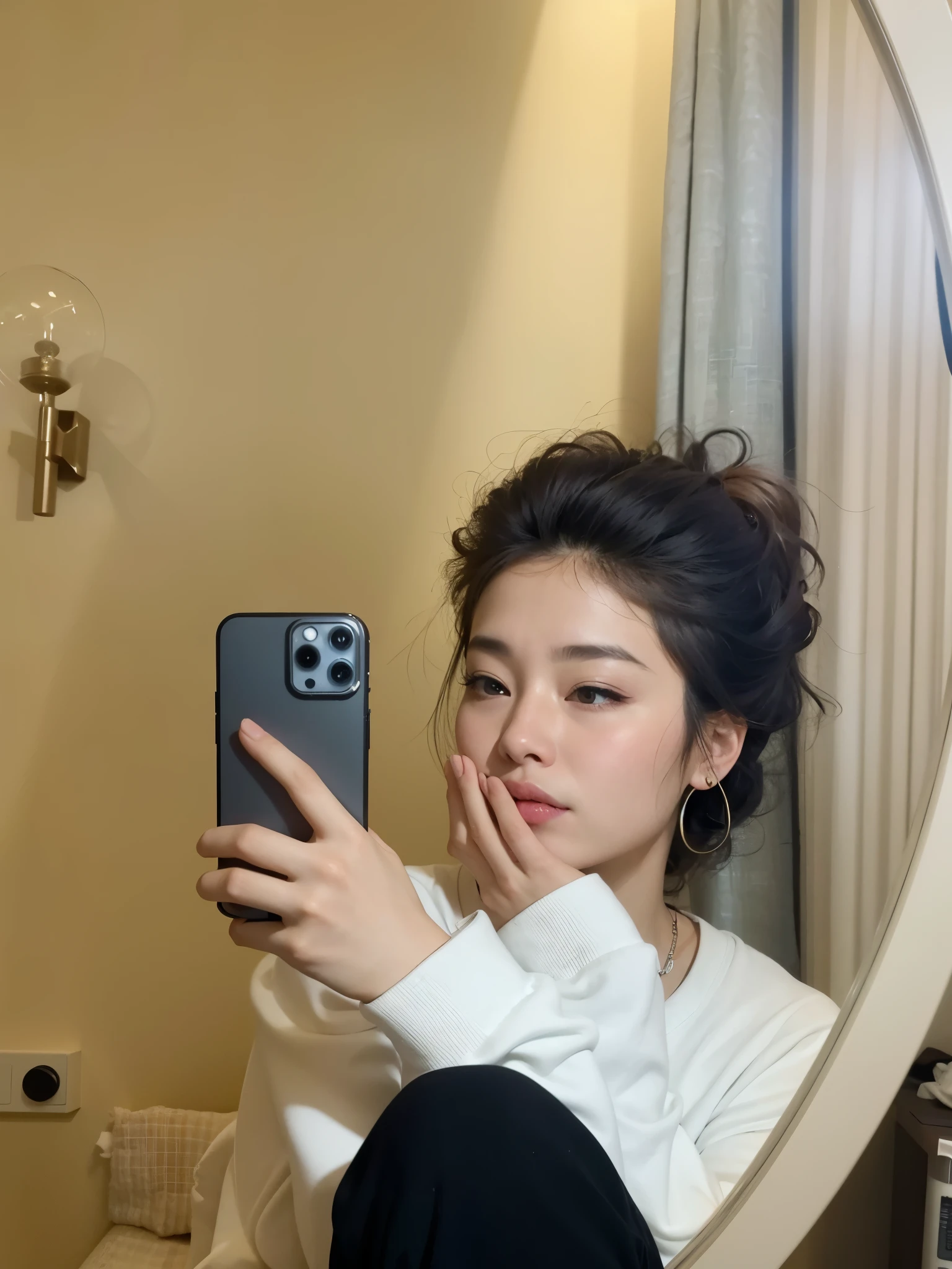 there is a woman taking a photo of herself in the mirror, sem maquiagem, selfie, 🤬 🤮 💕 🎀, selfie de uma jovem, 😭 🤮 💕 🎀, she has messy hair, hye kyo song, Louise Zhang, fotografia selfie 8k, gema chen, with apple, Heonhwa Choe, selfie no espelho, colocando maquiagem