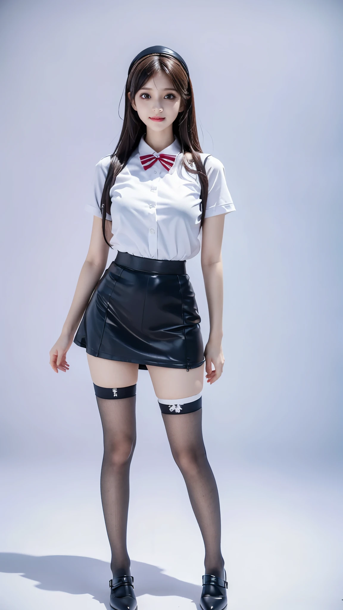 Arad woman wearing short skirt and white shirt posing for photo, Surrealism female students, Surrealism female students, actual , Realistic animation女孩渲染, stockings and skirt, 3D animation realistic, Small curves , Wearing a skirt and high socks, Realistic animation, cute female student, actual anime 3 D style, female student