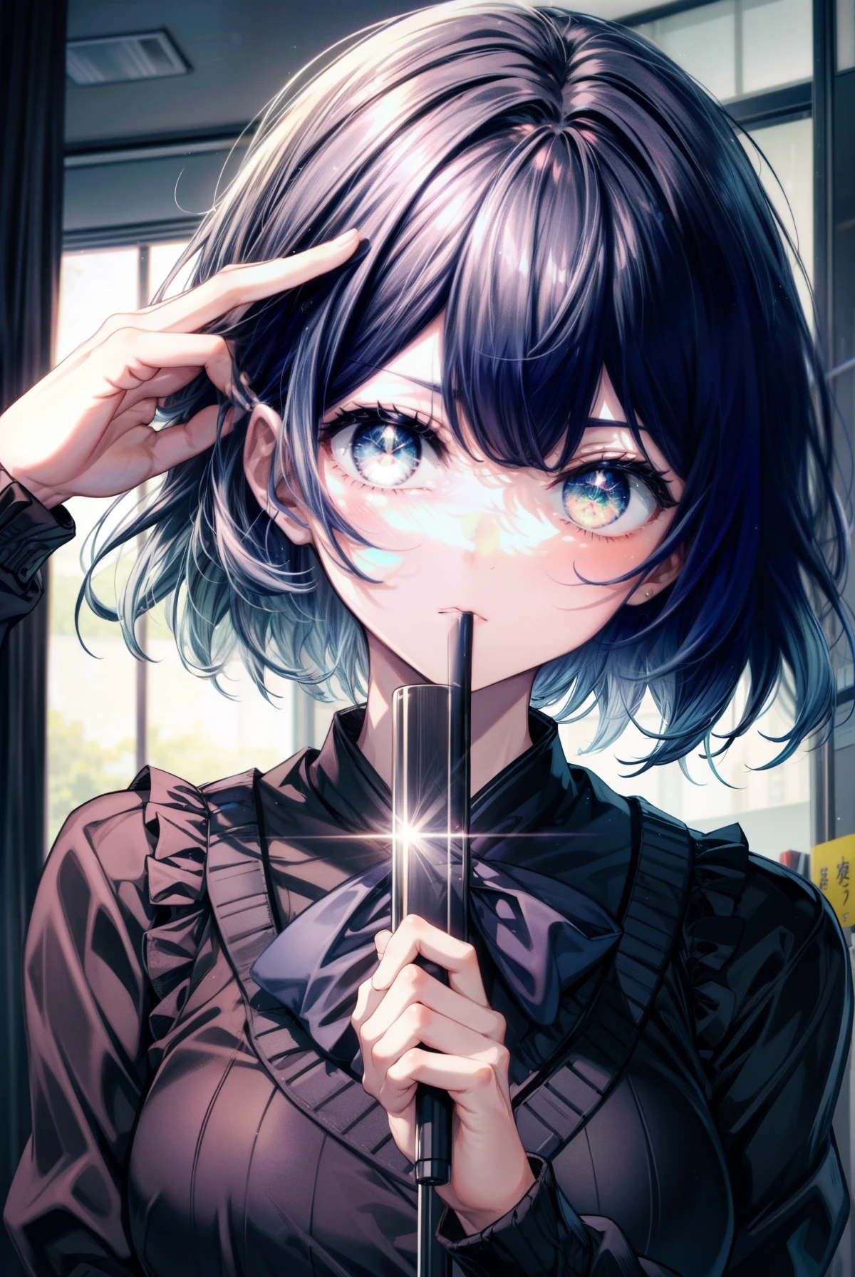 akanekurokawa, Akane Kurokawa, aqua eye, blue hair, medium hair, side lock,blush,
break black カーディガン, black pantyhose,brown loafers,pulling the hem of the cardigan down,embarrassing,内股にしてある
break looking at viewer,
break indoors, classroom,
break (masterpiece:1.2), highest quality, High resolution, unity 8k wallpaper, (figure:0.8), (detailed and beautiful eyes:1.6), highly detailed face, perfect lighting, Very detailed CG, (perfect hands, perfect anatomy),