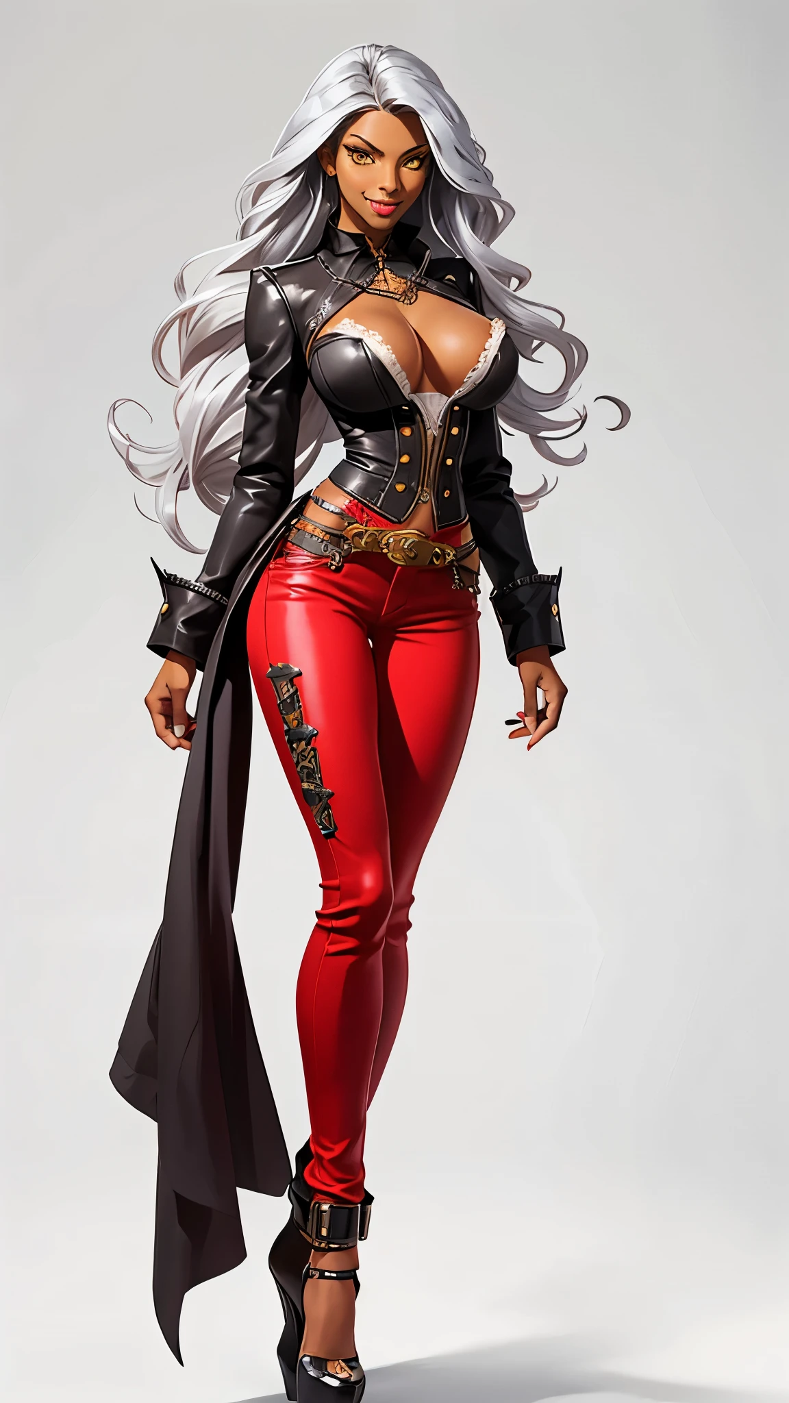 woman, tall, toned body, dark skin, yellow eyes, mouth with silver lipstick, big breasts, tight red jeans, steampunk style lingerie, full body image, standing, smile on her face, long silver hair, silver painted nails,  (white background)