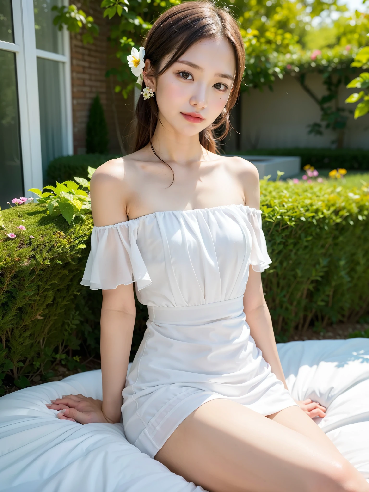 ((Best of the highest quality, 8k, Masterpiece: 1.3, raw photo)), Sharp focus: 1.2, (1 AESPA girl: 1.1), (Solo: 1.18), (realistic, photo-realistic:1.37), face focus, cute face, finely eyes, (Small breasts, flat chest, Thigh: 1.3), (full nude, Off-the-shoulder chiffon dress: 1.4), short messy hair, updo, (sitting on bed, garden: 1.2), flower