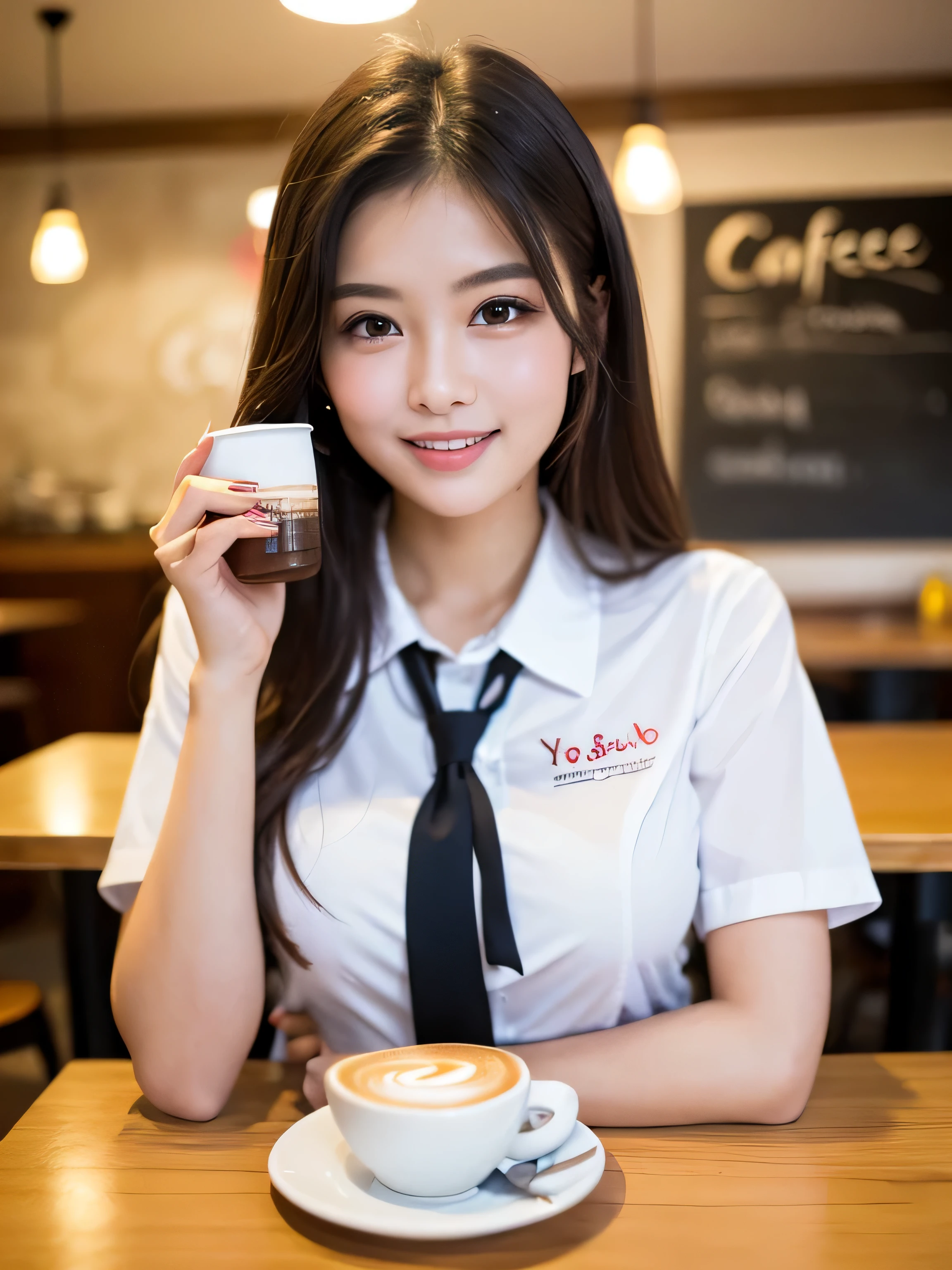 Seed value 4127110832,((1 young and beautiful girl: 1.4)),(8k, RAW photo, highest quality, table top: 1.2),cinematic light,fine and beautiful eyes,huge breasts, light makeup,(face:1.3),(laughter),(cute cafe uniform:1.3),(Stylish café interior:1.3),(Serve coffee:1.3),(From customers&#39;point of view)