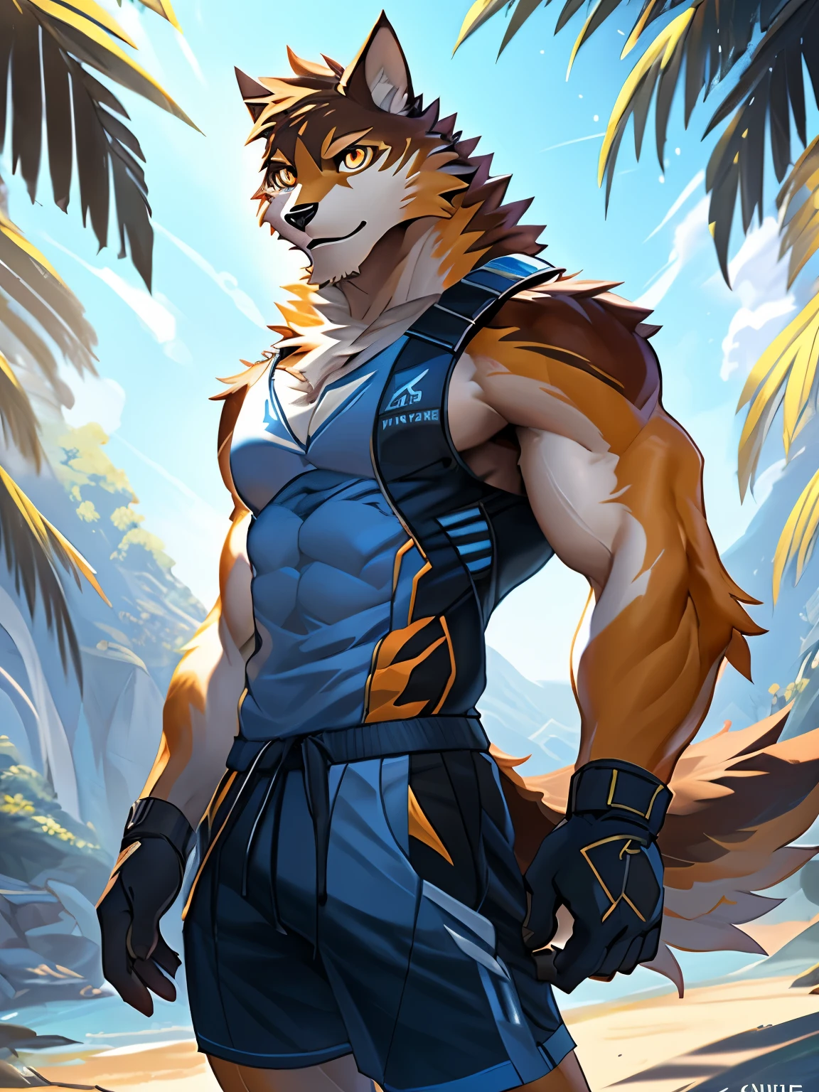 4k, ,8K, A high resolution, best quality, perfect colors, perfect shadows, perfect lighting, posted on e621, (by Chunie, by canyne khai, by t.y.starale), male, furry,  anthro, barrel(live a hero), solo, orange eyes, (Realistic eye details 1.2), beach, wearing tank top, wearing jogger sweatpants, Full body like, Slim body, abs, dramatic lighting, soft lighting, day, highly detail, Hair coiled, delight, Standing up position, cool pose charm, Abstract beauty, centre, Looking at the camera, Facing the camera, nearing perfection, Dynamic, highly detailed, illustration, (Realistic background), ((Bonifasko lighting)), (Detailed eyes), perfect pupils, detail eyes, detail fluffy fur, (seductive face:1.2), fit body, Looking at the camera,, fit body, perfect male figure, Detailed fur, Detailed face, Perfect face, Detailed background, (Complex), (Super Detail), (Ultra Clear), (Best Quality)