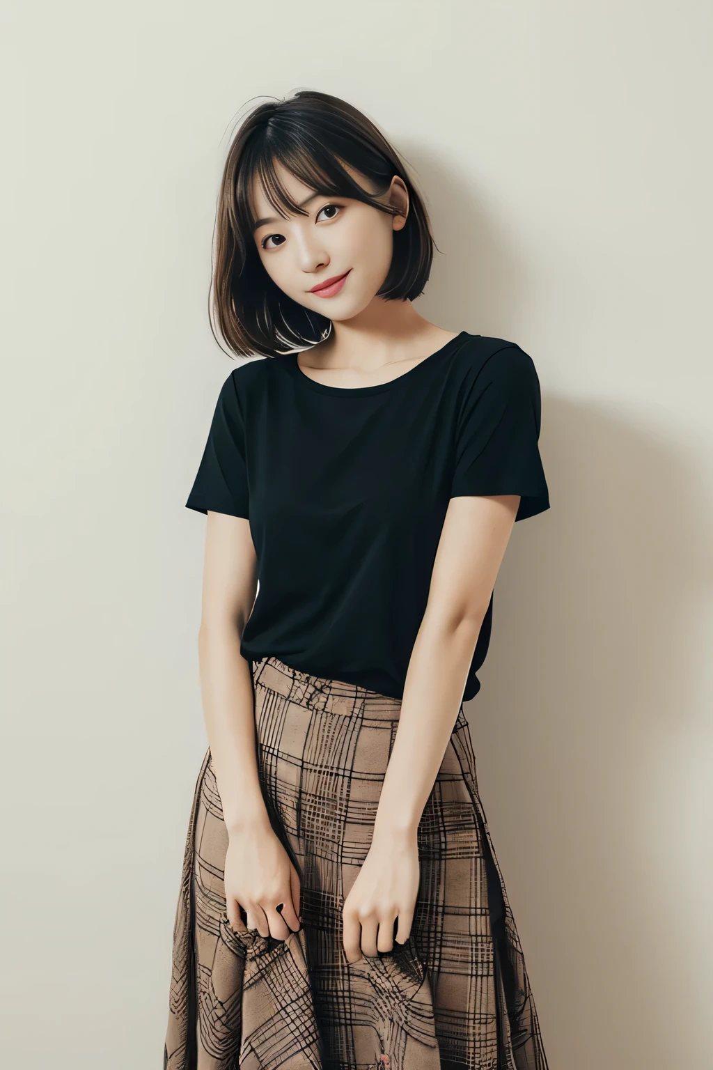 masterpiece、一人のBeautiful woman、detailed face、cute、fine eyes、fine skin、highest quality、Japanese、常に真frontageを向く、background white,、I am 28 years old、I&#39;Iは黒無地の半袖Tシャツを着ています、shy smile、shortcut、brown fluffy hair、soft light, Beautiful woman、bright look、(Are standing)、frontage、small breasts、(Keep your upper body facing straight ahead.......) , Wearing a long plaid skirt , full body shot,So that the whole body is reflected, background white, bob hair.,keep your chest straight ahead、black t-shirt、I&#39;Iは黒無地の半袖Tシャツを着ています、The background is a white wall, black t-shirtを着ています、I wear a black T-shirt,