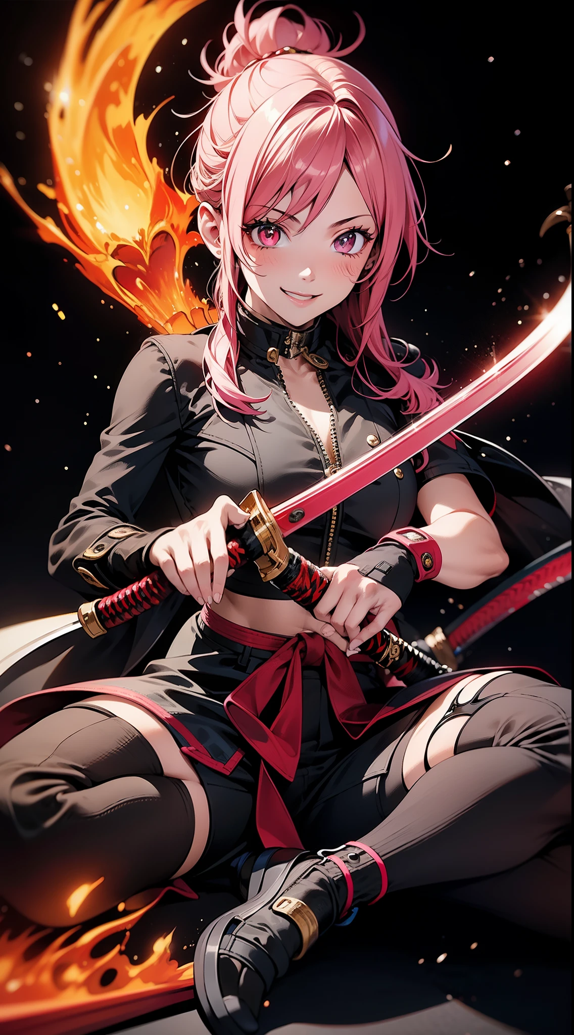 better hands, better fingers, ultra detailed face, perfect smile, five fingers, perfect hands holding a katana, flame blade, pink hair