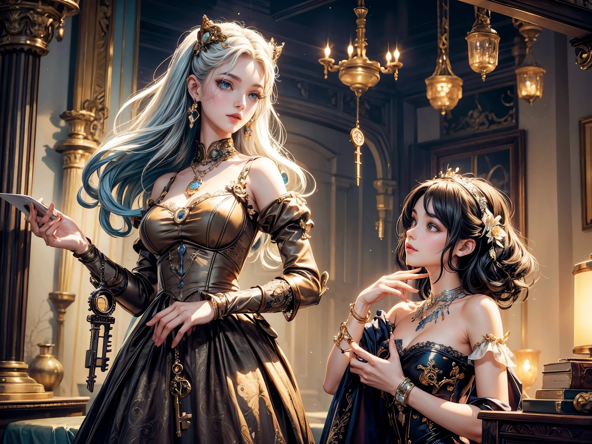 mechanical puppet and a girl,detailed eyes,detailed lips,extremely detailed eyes and face,long eyelashes,porcelain skin,beautiful facial expression,vintage dress,antique cameo necklace,playful pose,lovely smile,dark curly hair,tattered ballet flats,dainty hands,fairytale setting,enchanted forest,magical lighting,golden rays,soft pastel colors,dreamlike atmosphere,dusty air,mechanical gears,precision craftsmanship,delicate porcelain joints,mechanical movements,antique key,windspring mechanism,whimsical charm,combination of fantasy and reality,masterpiece:1.2,ultra-detailed,realistic,photography,concept artists