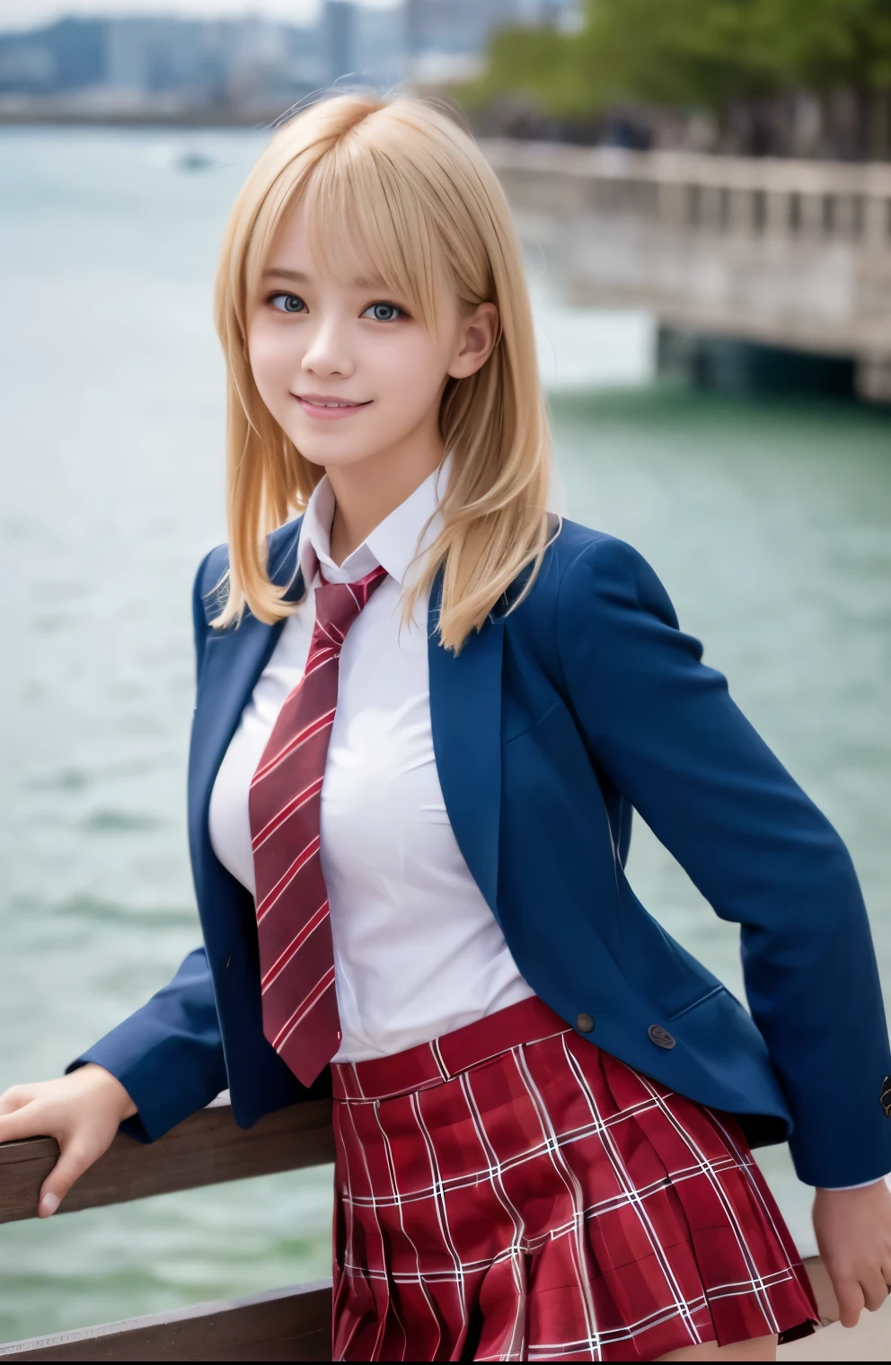 table top,highest quality,super detailed,finely,High resolution,In 8K,((Photoreal:1.4,Raw photo,超A high resolution,best image quality:1.4)),table top、highest quality、 super detailed、High resolution、8k wallpaper、perfect dynamic composition,、detailed and beautiful eyes、(beautiful breasts:1.1) 、blue blazer、school uniform、white shirt、red tie、Plaid brown skirt、1 girl、beautiful girl、high school student、blonde hair、(blonde)shortcut、hide left eye with hair、red eyes、smile、The background is the sea、stand on the embankment、spring