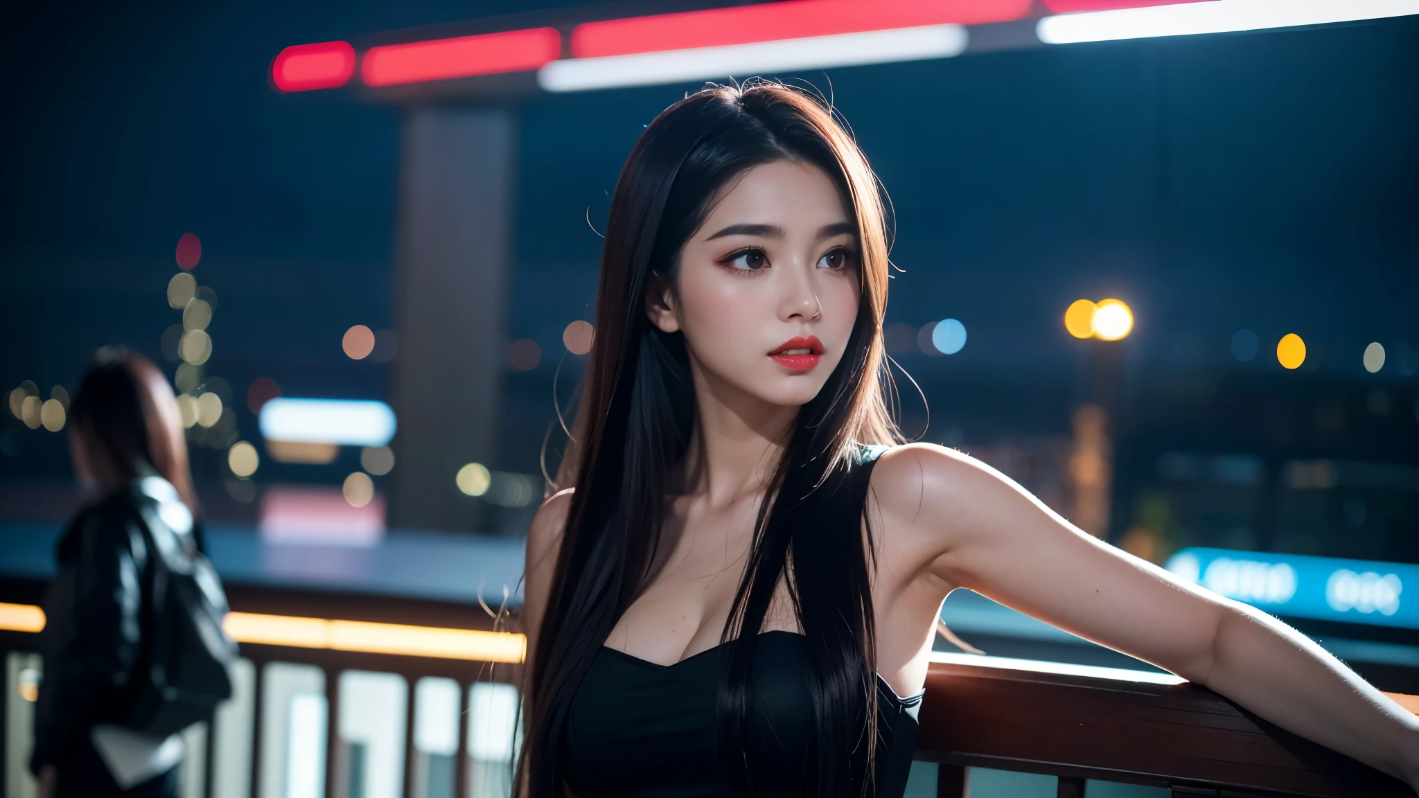 ((1 girl)), A girl, long hair, city, future, science fiction, black silk, shorts, night scene, midnight, blue light, neon, night, delicate features, beautiful girl, beauty, charming,fashi-girl,red lips,realistic,makeup, 3/4 body view