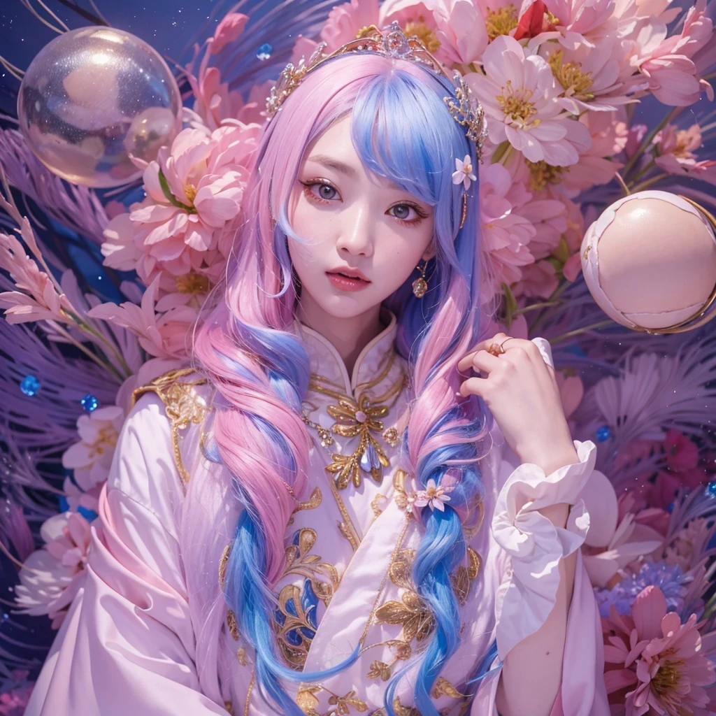 Goose pink blue color,enamel,agate,A flesh-colored world,Blood Blue Girl 32K(masterpiece,HD,Aoyama Pond,Ultra high quality,32)long flowing bright blue hair,blood pool,Ziddink, a color,Grumpy (After greeting), (Linen scarf), fighting stance, looking at the ground, Goose pink long hair, Floating bright blue, Fire cloud gold headdress, Chinese long-sleeved gold silk burgundy garment, (Abstract metaverse splash:1.2), White background,Peony flower vitality protector(粉realisticlying:1.4),bright purple hair,Smoke on the road,The background is very pure, high resolution, detail, RAW photos, Sharp Re, Nikon D850 film photo by Jefferies Lee 4 Kodak Portra 400 camera F1.6 guns, Rich pink shade, Ultra-realistic and vivid textures, dramatic lighting, Unreal Engine Art Station Trend, Sinest Powder 800,一个有着long flowing bright blue hair的女孩,Huge colorful bubbles鹅粉黄