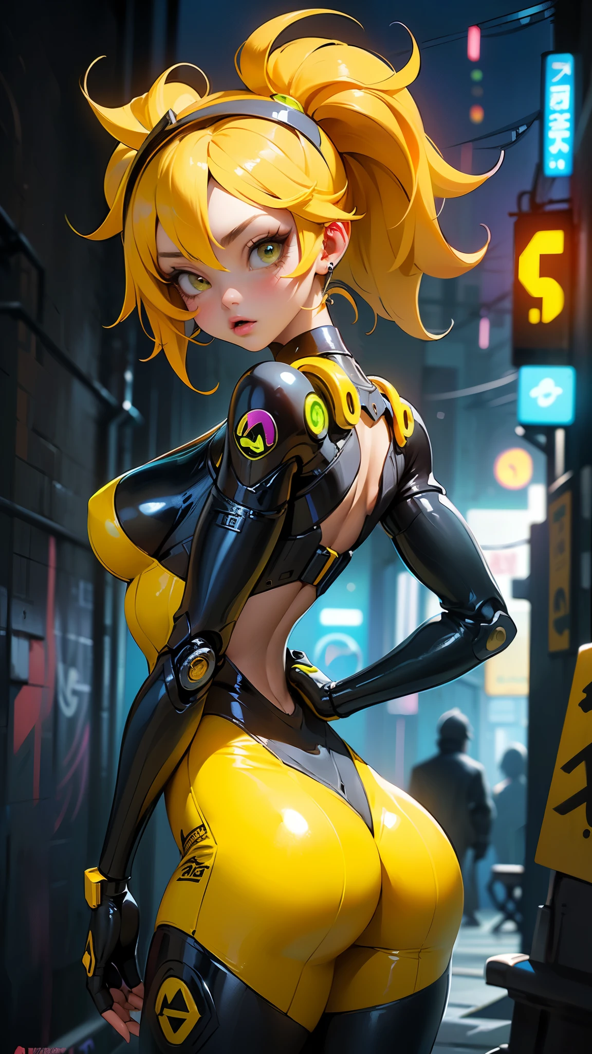 the highest quality))、((obra maestra)、ciberpunk、nalgas grandes、arrodillarse、Electronic visor attached to the face of a -yeld giwith emphasis on the buttocks、Red latex body.,modo ciberpunk、pose sexy、(Usar polainas amarillas en la parte inferior del cuerpo、Agrandamiento de los senos、Neon lights in the dark city at night.,motor irreal:1.4,HD,La mejor calidad:1.4, fotorrealista:1.4, textura de la piel:1.4, obra maestra:1.8,obra maestra, mejor calidad,(Beautiful and detailed description of the eye.),( neon blue cyborg),(perfect anatomy),(Dedos detailed :1.4 ),white cyborg latex bodysuit,,( perfect anatomy 2.1), (estilo ciborg kawaii amarillo :1.4), (background alley walls big stones :1.4), (only)