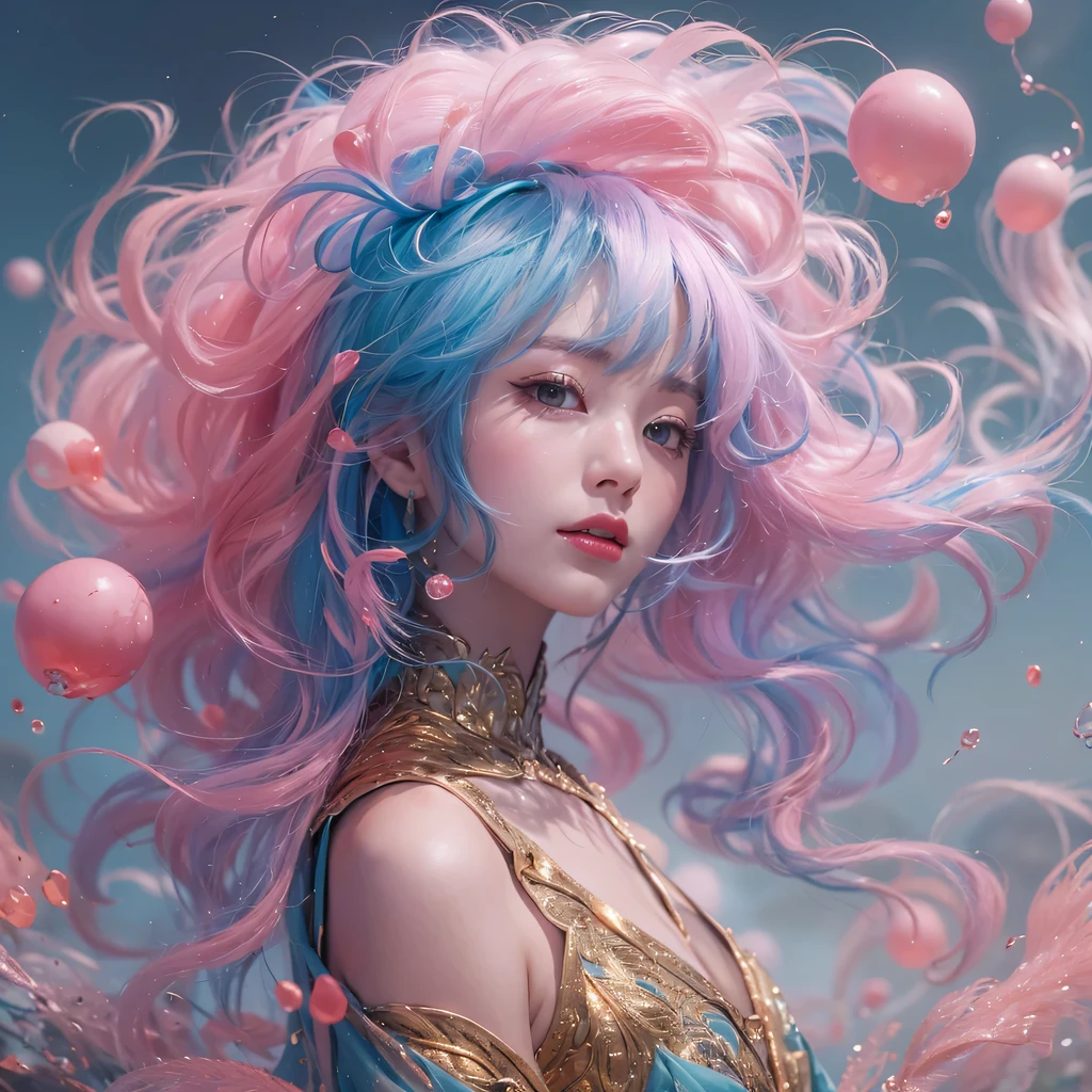 Goose pink blue color,enamel,agate,A flesh-colored world,Blood Blue Girl 32K(masterpiece,HD,Aoyama Pond,Ultra high quality,32)long flowing bright blue hair,blood pool,Ziddink, a color,Grumpy (After greeting), (Linen scarf), fighting stance, looking at the ground, Goose pink long hair, Floating bright blue, Fire cloud gold headdress, Chinese long-sleeved gold silk burgundy garment, (Abstract metaverse splash:1.2), White background,Peony flower vitality protector(粉realisticlying:1.4),bright purple hair,Smoke on the road,The background is very pure, high resolution, detail, RAW photos, Sharp Re, Nikon D850 film photo by Jefferies Lee 4 Kodak Portra 400 camera F1.6 guns, Rich pink shade, Ultra-realistic and vivid textures, dramatic lighting, Unreal Engine Art Station Trend, Sinest Powder 800,一个有着long flowing bright blue hair的女孩,Huge colorful bubbles鹅粉黄