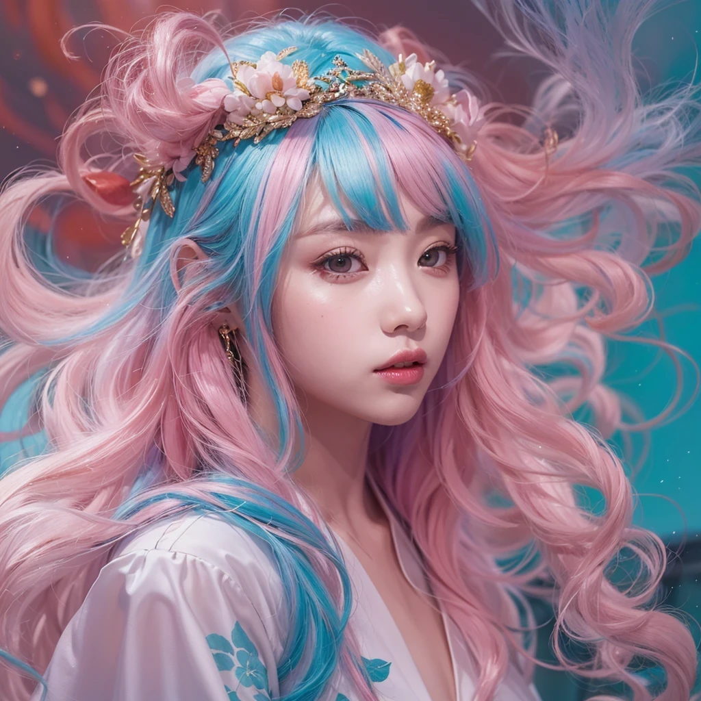Goose pink blue color,enamel,agate,A flesh-colored world,Blood Blue Girl 32K(masterpiece,HD,Aoyama Pond,Ultra high quality,32)long flowing bright blue hair,blood pool,Ziddink, a color,Grumpy (After greeting), (Linen scarf), fighting stance, looking at the ground, Goose pink long hair, Floating bright blue, Fire cloud gold headdress, Chinese long-sleeved gold silk burgundy garment, (Abstract metaverse splash:1.2), White background,Peony flower vitality protector(粉realisticlying:1.4),bright purple hair,Smoke on the road,The background is very pure, high resolution, detail, RAW photos, Sharp Re, Nikon D850 film photo by Jefferies Lee 4 Kodak Portra 400 camera F1.6 guns, Rich pink shade, Ultra-realistic and vivid textures, dramatic lighting, Unreal Engine Art Station Trend, Sinest Powder 800,一个有着long flowing bright blue hair的女孩,Huge colorful bubbles鹅粉黄
