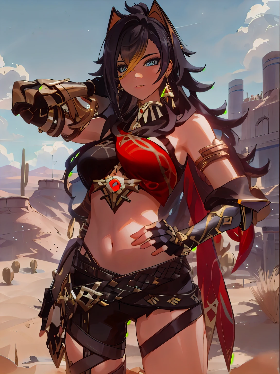 4k,(((1girl))),A sexy&cool female in the desert,walking,Dehya,dehya \(genshin impact\),asymmetrical clothes,detail,long hair,huge filesize,artbook,solo,Cinematic Lighting,small_breastasterpiece, high resolution, best quality:1.4, breathtaking, ultra detailed)