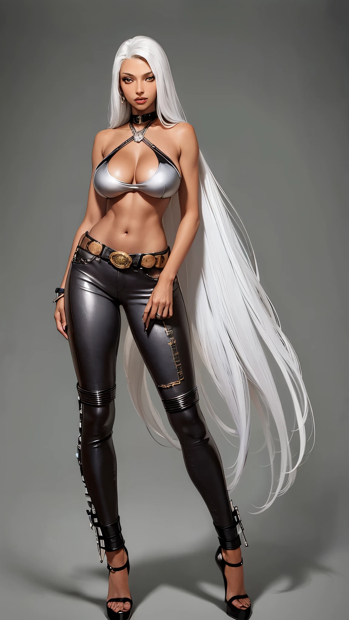 woman, tall, toned body, dark skin, yellow eyes, mouth with silver lipstick, big breasts, tight red jeans, steampunk style lingerie, (full body image), standing, smile on her face, long silver hair, silver painted nails, (white background)