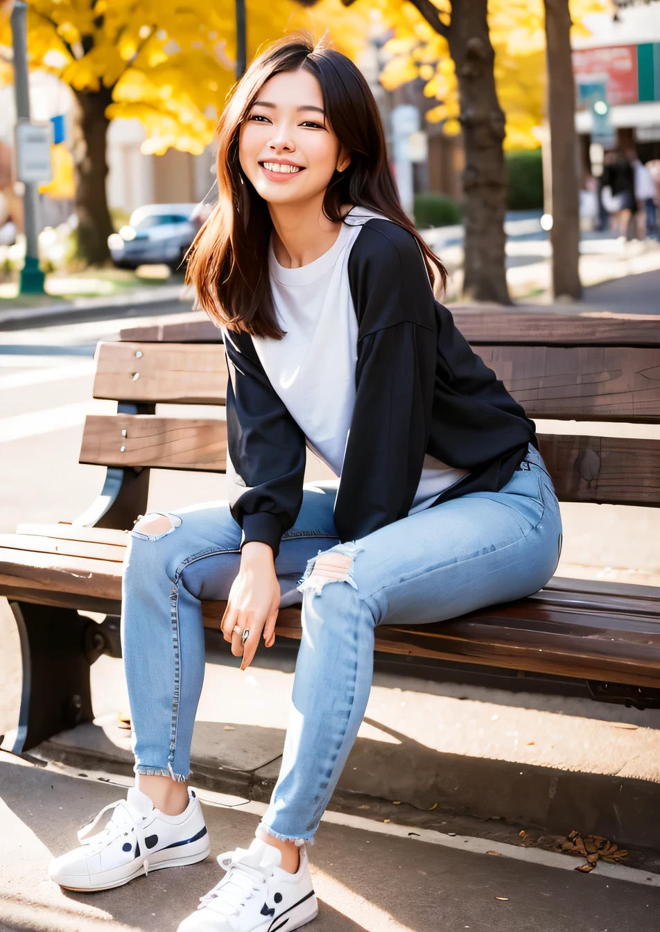 masterpiece, highest quality, High resolution, A neat and beautiful woman sitting on a park bench、black hair、long sleeve blouse、skinny denim、sneakers、refreshing smile、smile showing teeth、full body photo