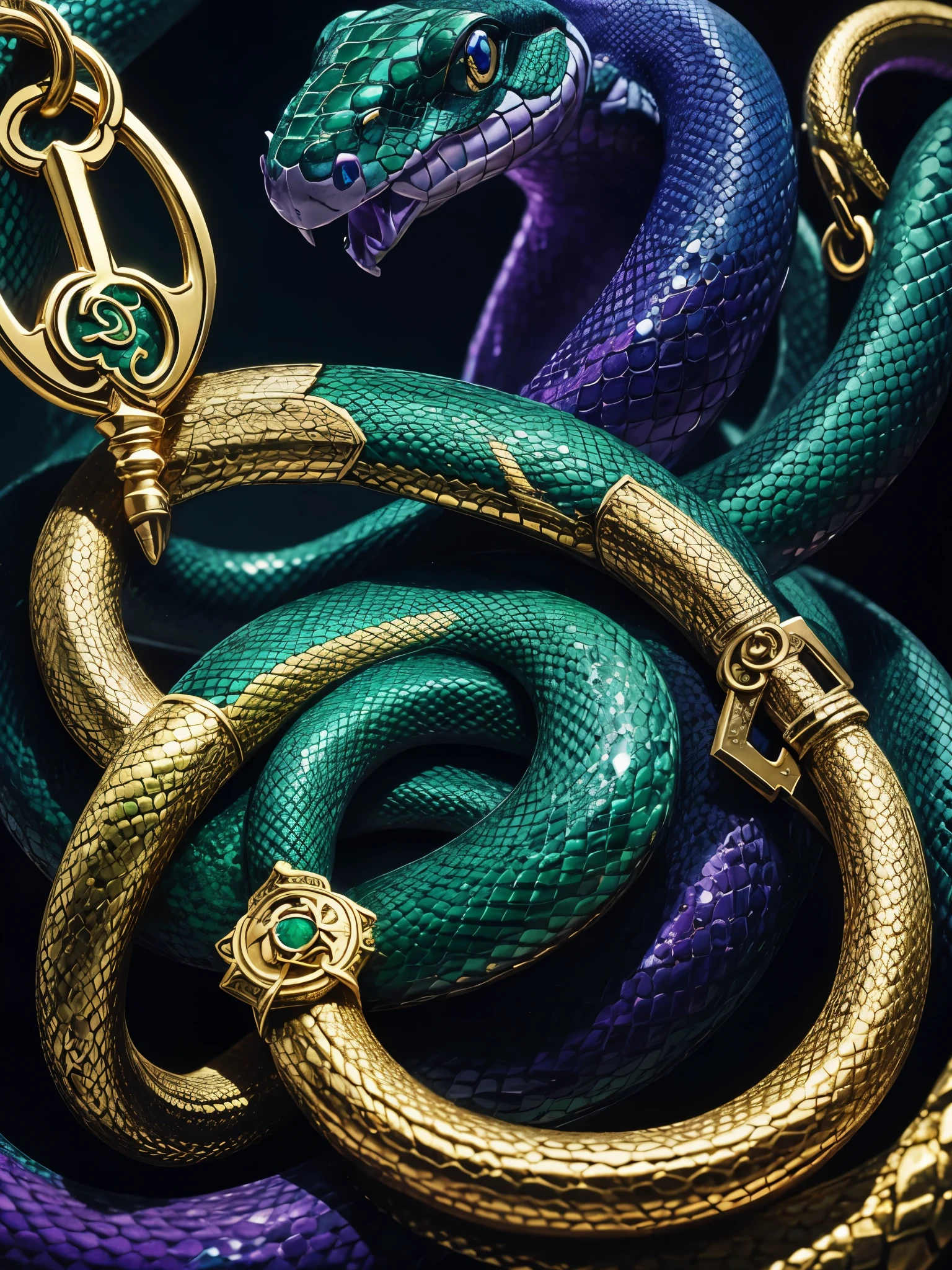 emerald snake with blue eyes surround a giant gothic key with another gold snake with purple eyes.