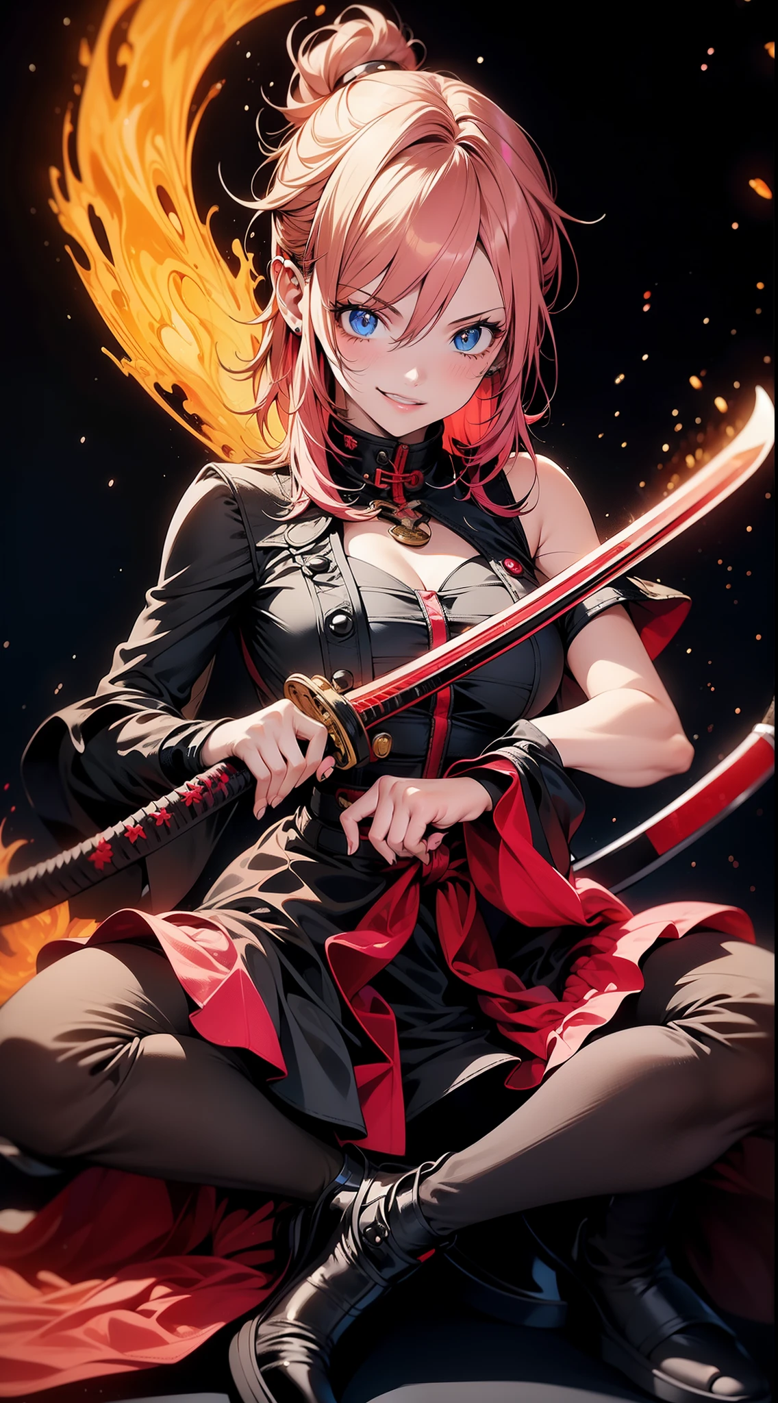 better hands, better fingers, ultra detailed face, perfect smile, five fingers, perfect hands holding a katana, flame blade, pink hair