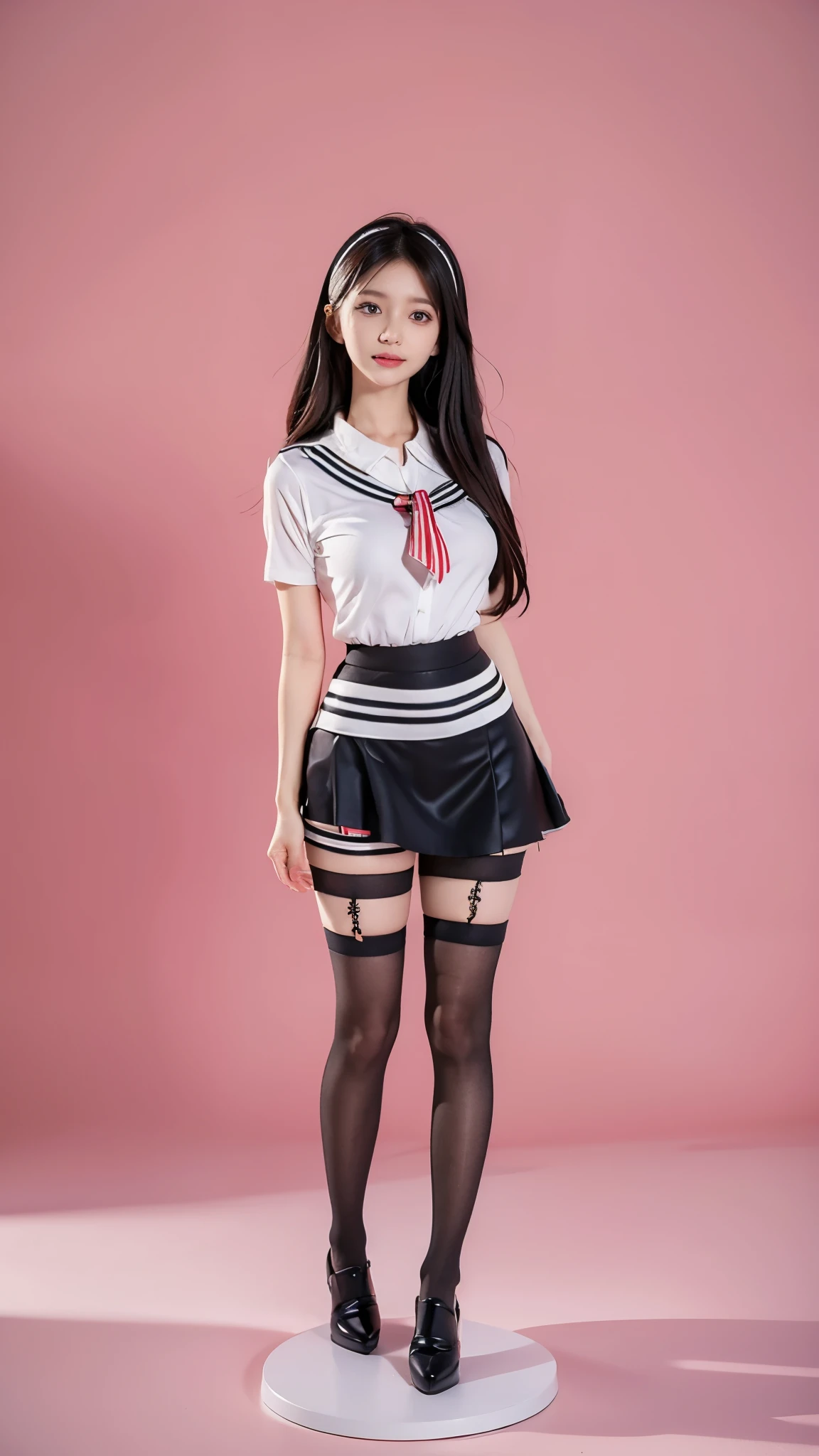 Arad woman wearing short skirt and white shirt posing for photo, Surrealism female students, Surrealism female students, actual , Realistic animation女孩渲染, stockings and skirt, 3D animation realistic, Small curves , Wearing a skirt and high socks, Realistic animation, cute female student, actual anime 3 D style, female student