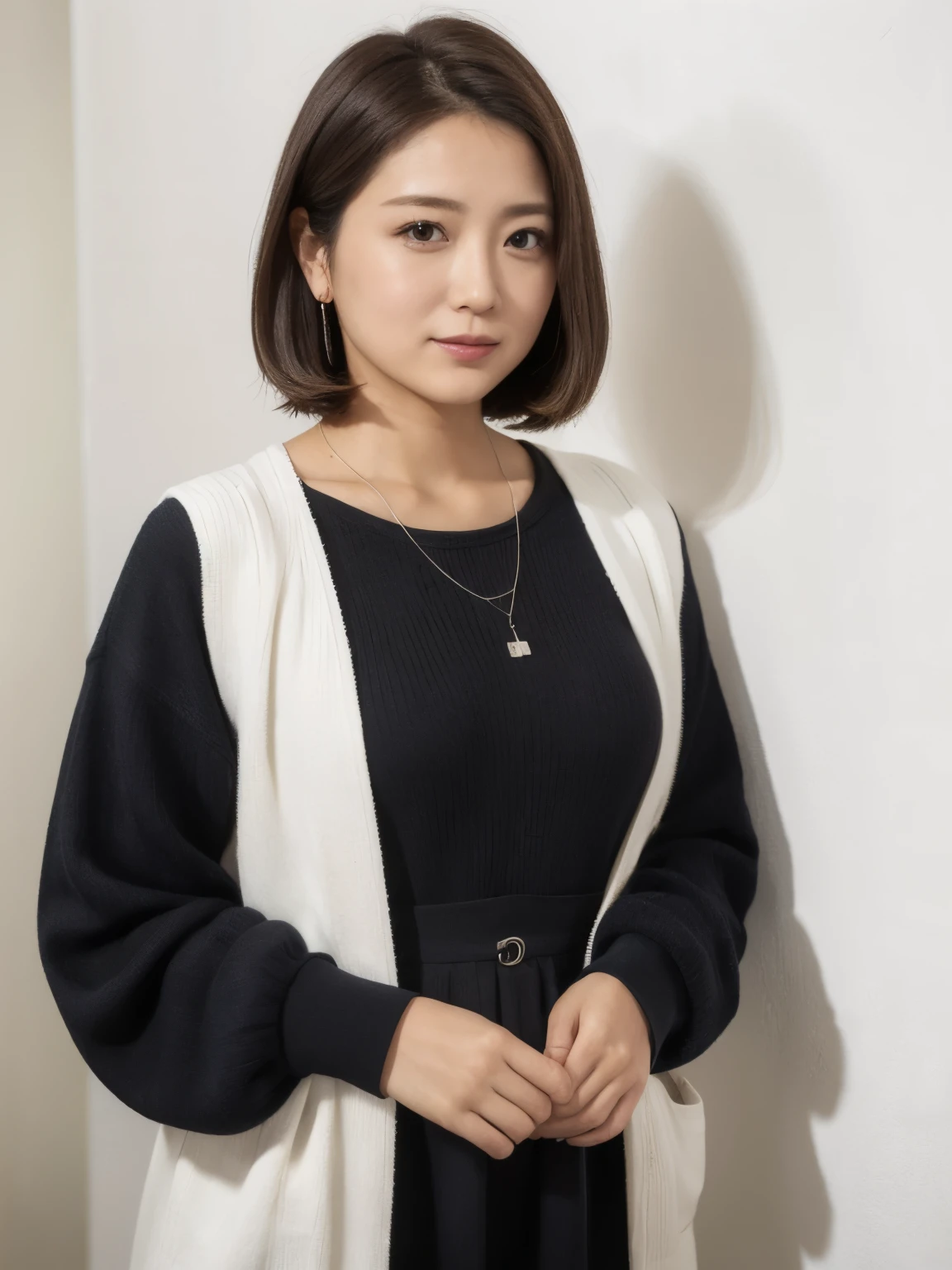 (Highly realistic photos, High resolution, detailed face, fine eyes), ((Taken in front of a white wall))、japanese woman, 40 years old, various expressions, alone:1, slim figure, different hairstyles, casual clothes, Only one person appears in the photo、long sleeve dress、Photographed in natural light、simple necklace、spring clothes、don't look at the camera、profile、dark brown hair color、bob hair、Hands are not visible