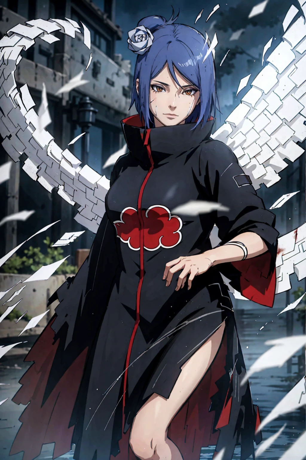 absurdres, (best quality), (masterpiece),(ultra-detailed:1.2),(photorealistic:1.1),(highres),
1girl,(injury:1.1),(blood:1.1),
konan \(naruto\), (akatsuki outfit:1.1), labret piercing, (paper:1.2),
ripples,swirling ,rainbow, angel wings made of paper