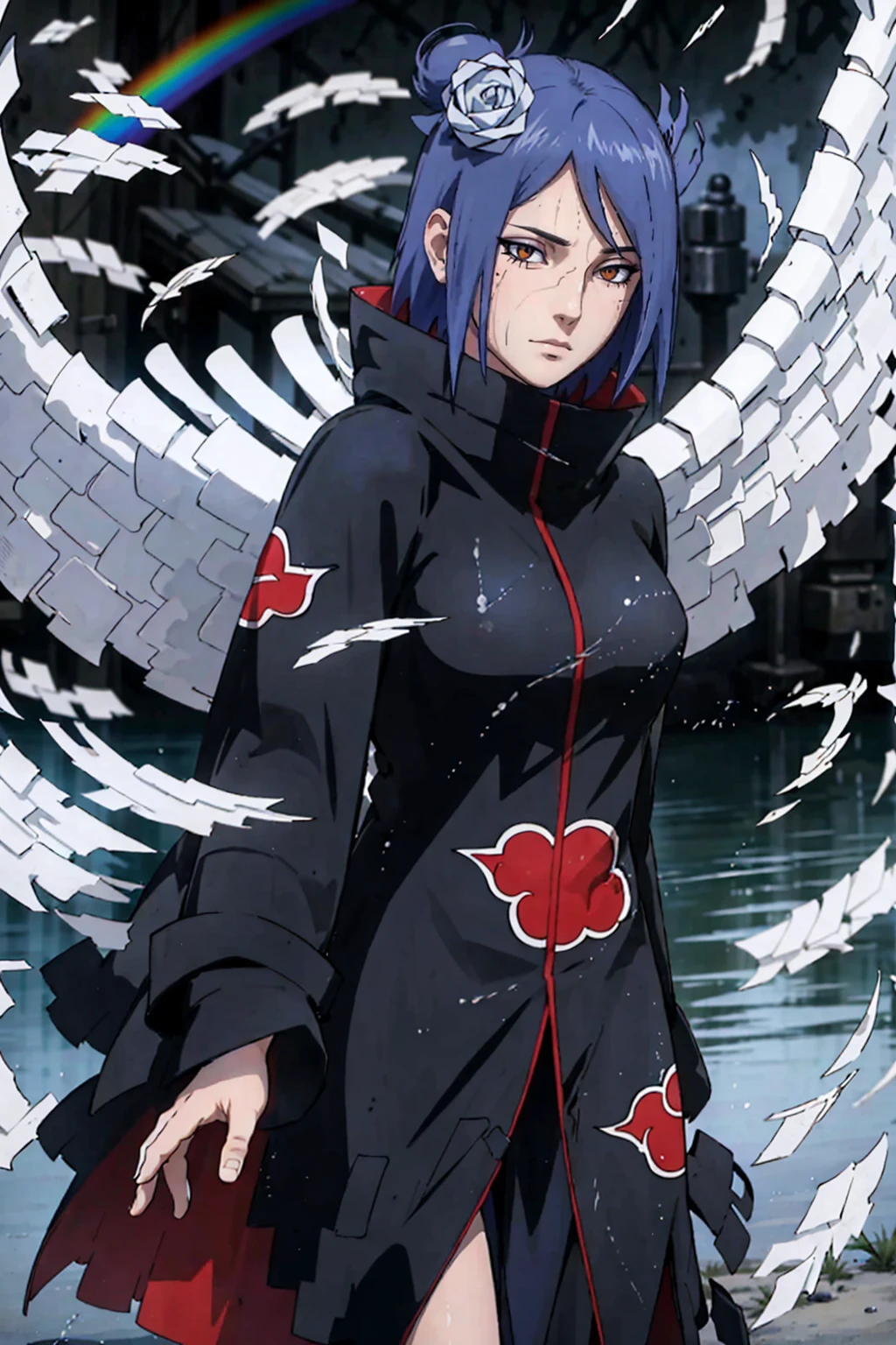absurdres, (best quality), (masterpiece),(ultra-detailed:1.2),(photorealistic:1.1),(highres),
1girl,(injury:1.1),(blood:1.1),
konan \(naruto\), (akatsuki outfit:1.1), labret piercing, (paper:1.2),
ripples,swirling ,rainbow, angel wings made of paper