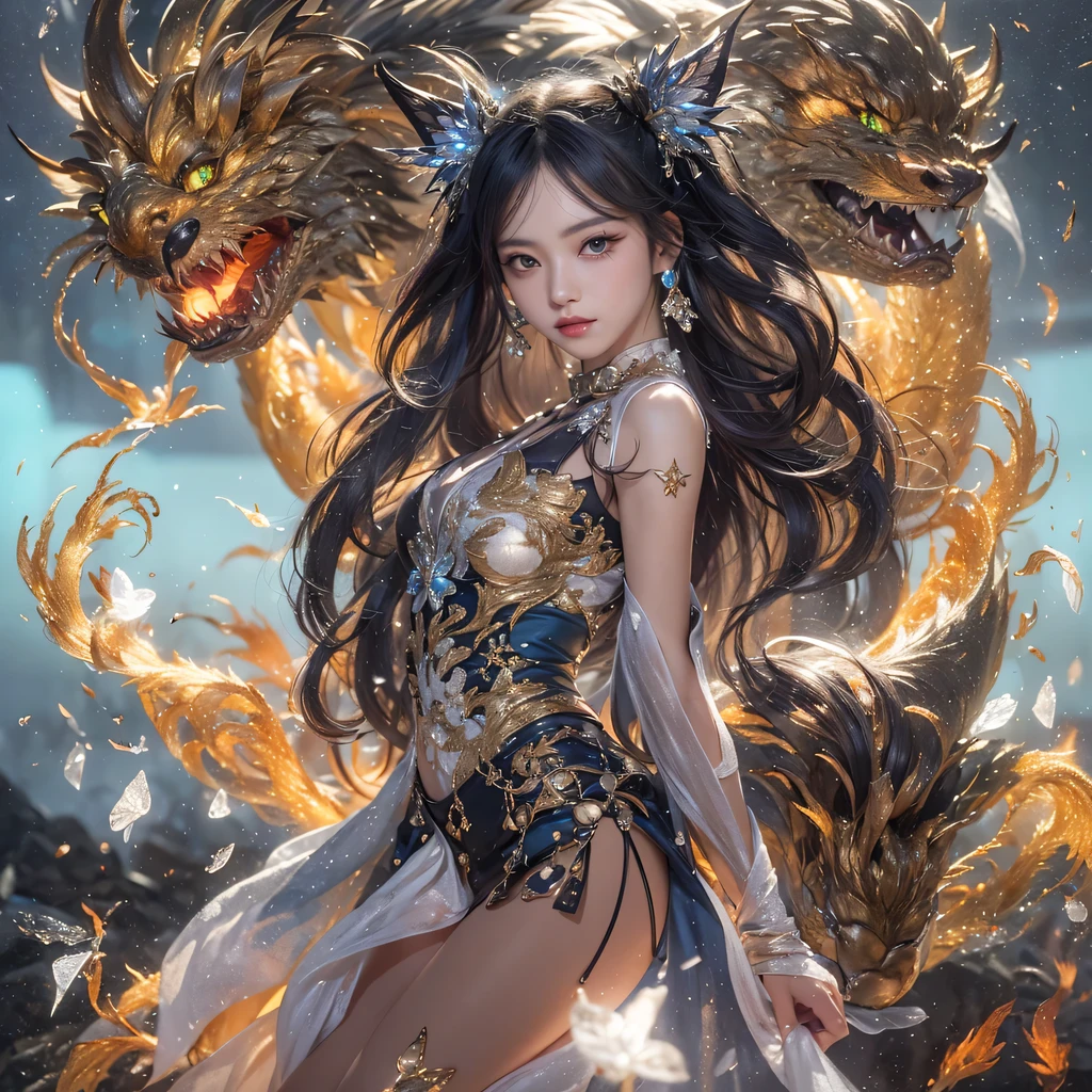 Feitian Nine Tails Light Blue Celestial Master Flame Hairy Fox Star,novel,Torch Night Black Gold Orange Snake Print Silk Trousers,Rouge Diamond Tulle Sheer Lizard Print,Fat girl flying in space in the snow 1:900 miniatures,Front view,pure transparency,put on boxing gloves,Wear gold-framed reflective sunglasses,Panoramic super wide angle,very happy,Authentic and delicate texture,Strong visual impact,Super detailed,dream girl,delicate face型,beautiful eyes,Hair floating in the air, Cherry style,Zhou Xiaotong,crystal clear,Good sense of perspective,Light and shadow effects,16K smooth,surface reflected light,flowing black hair,Water Goddess 32K,complicated,grace,Very detailed,magnificent,digital photography,Autumn Cowboy Shooting,Surrealism,broken ruby,defeat magic,Water magic entanglement,(masterpiece,movie lighting,beautiful eyes:1.2),high dynamic range,void 5 energy storm,(china 1 girl,black eyes:1.5),rouge skin,glowing skin,(sit on stone:1.5),delicate face,black hair,Put on gorgeous golden armor,take off shoulders,,short skirt,beautiful golden armor,it'It's raining,beautiful big breasts,looking at the audience,Turn your back to the camera,masterpiece,side,side portrait close-up