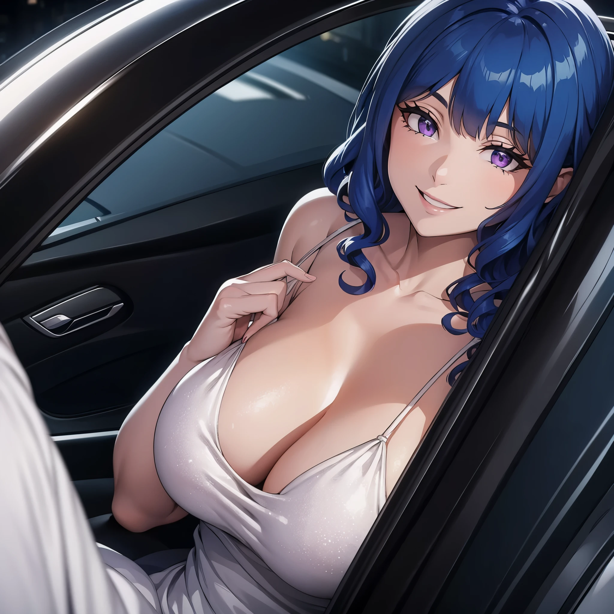 a woman wearing a white dress, inside a well-detailed luxury car, purple eyes, blue hair on a road at night, smiling
