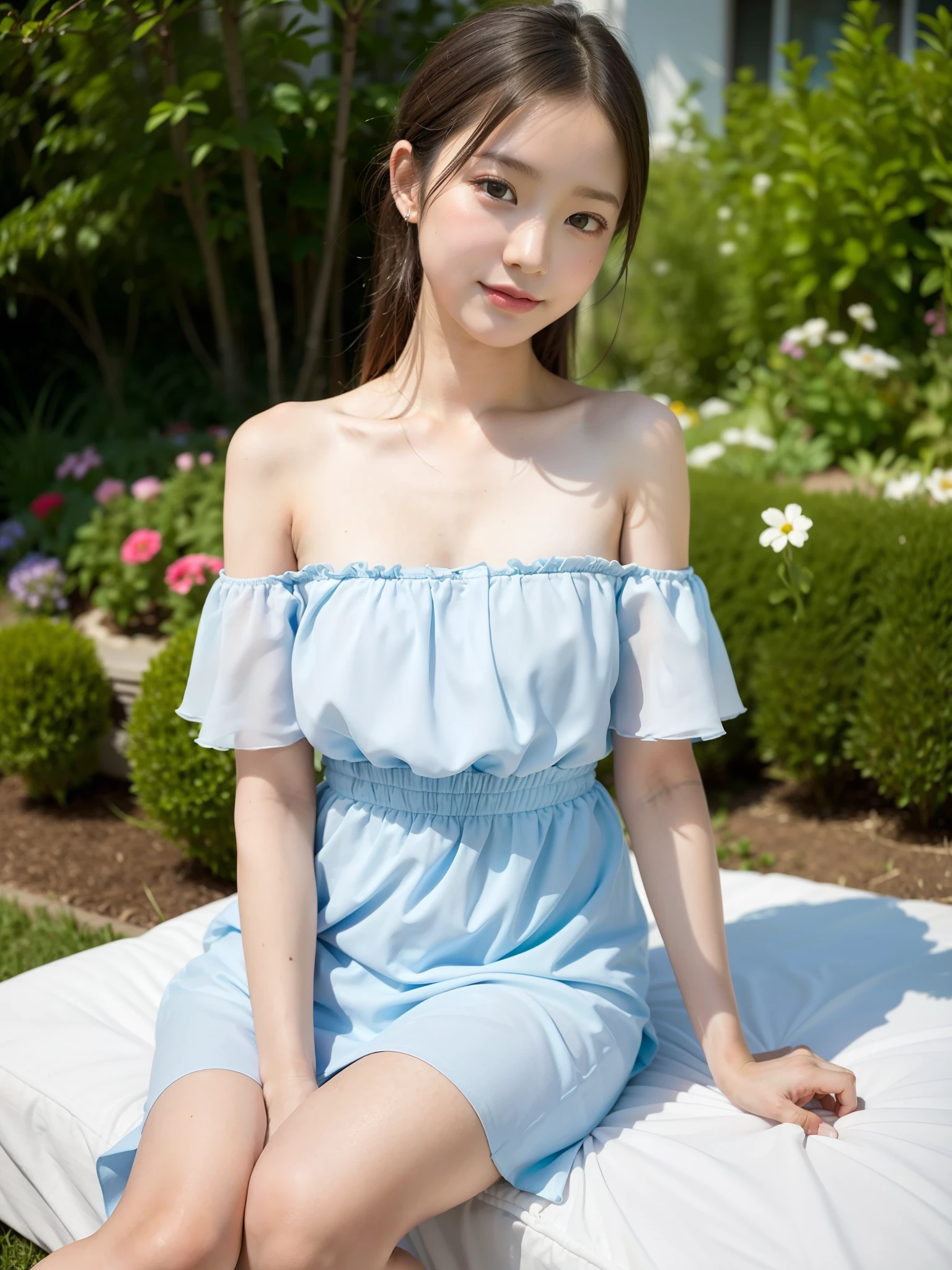 、cute woman、cute face、cute smile、10 years oldow hair、light blue eyes、full body shot、80mm、well-shaped chest、slightly larger breasts、lazy smile、wet t-shirt、mini skirt、medium long hair、dark brown hair、garden、Squirting、cherry blossoms、Because I'm slender、beautiful and thin legs、clear white skin、sit on top、