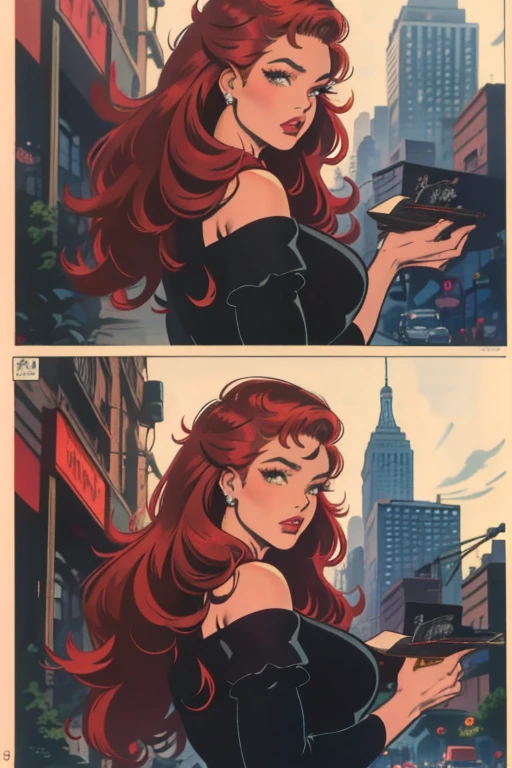 (masterpiece),(best quality),(ultra-detailed),(best illustration),(best shadow),(absurdres),(detailed background), Close up, women, long red hair, 1950s, Black dress, black eyeshadow, 1950's New york background, elegant,