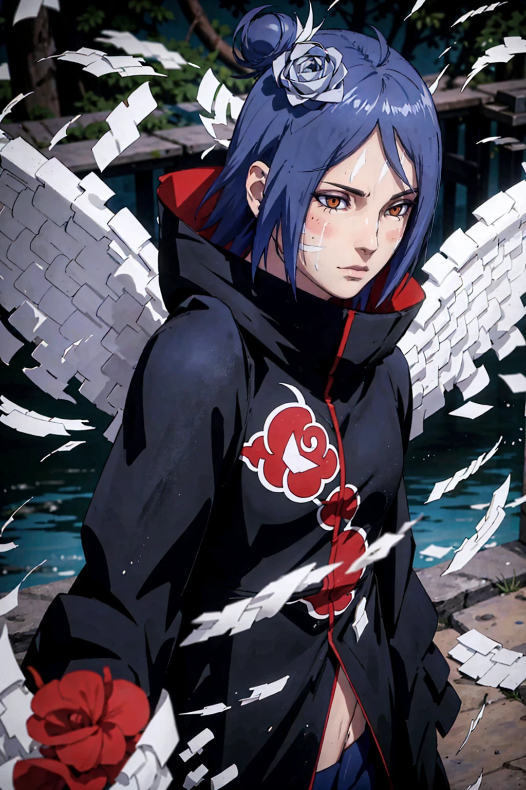 absurdres, (best quality), (masterpiece),(ultra-detailed:1.2),(photorealistic:1.1),(highres),
1girl,(injury:1.1),(blood:1.1),
konan \(naruto\), (akatsuki outfit:1.1), labret piercing, (paper:1.2),
ripples,swirling ,rainbow, angel wings made of paper