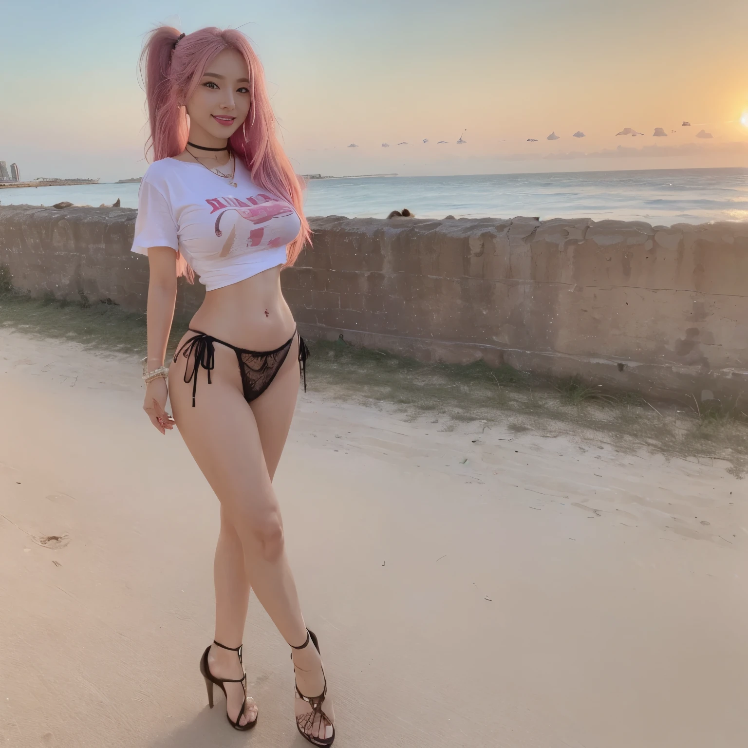 ((realistic)),(realistic skin details),((realistic shadow)),((realistic skin texture)),(asian Chinese beautiful face),((Chinese sexy face)),((Chinese very sexy model)),((masterpiece)),(detailed),(big boob),(very exotic sling black thong),((big booty)),((wearing very exotic outfit)),((full body)),exotic pose,(thin),((very sexy legs)),((beautiful legs)),(slim),skinny,((very sexy high heels)),((seduce)),((very long long hair )),((very hot teen)),((tight double high slit sexy thong)),(random color long hair),((nipple slip)),((boob flash)),((tits slip)),(teasing pose),(horny smile),(wearing sexy bracelets),((very sexy emotional face)),((boob slip)),((full models picture)),(wearing black exotic high cut thong),((shiny black and exotic high cut thong)),((very long long hair)),(looking at viewer),((wearing luxury necklace)),((sexy belly)),((she has pink hair)),(side up ponytail haircut),((elegant sexy pose)),((best quality picture)),((full body stand pose)),(Beach background),(sunset background),((midnight background),((sidewalk sexy pose)),(smokie eyes makeup),((she wearing white soaking t-shirts)),