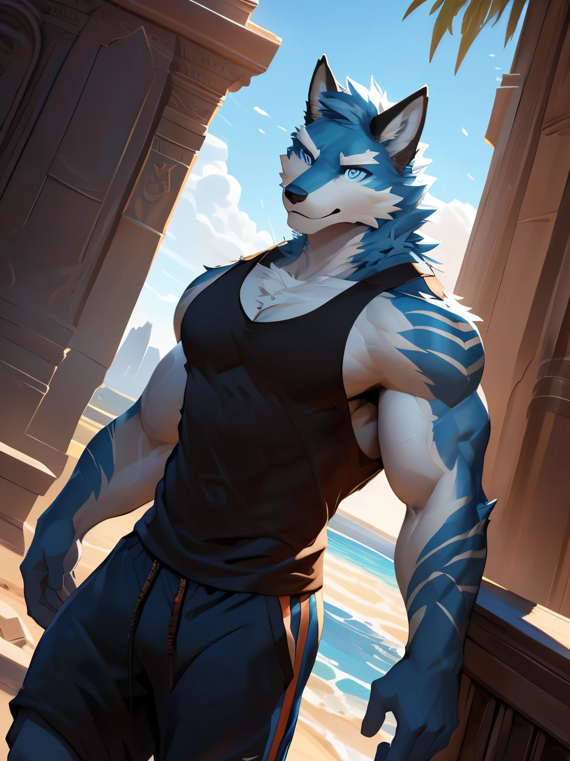 4k, ,8K, A high resolution, best quality, perfect colors, perfect shadows, perfect lighting, posted on e621, (by Chunie, by canyne khai, by t.y.starale), male, furry, fox anthro, Argo (/knights college/), solo, blue eyes, (Realistic eye details 1.2), beach, wearing tank top, wearing jogger sweatpants, Full body like, Slim body, abs, dramatic lighting, soft lighting, day, highly detail, Hair coiled, delight, Standing up position, cool pose charm, Abstract beauty, centre, Looking at the camera, Facing the camera, nearing perfection, Dynamic, highly detailed, illustration, (Realistic background), ((Bonifasko lighting)), (Detailed eyes), perfect pupils, detail eyes, detail fluffy fur, (seductive face:1.2), fit body, Looking at the camera,, fit body, perfect male figure, Detailed fur, Detailed face, Perfect face, Detailed background, (Complex), (Super Detail), (Ultra Clear), (Best Quality)