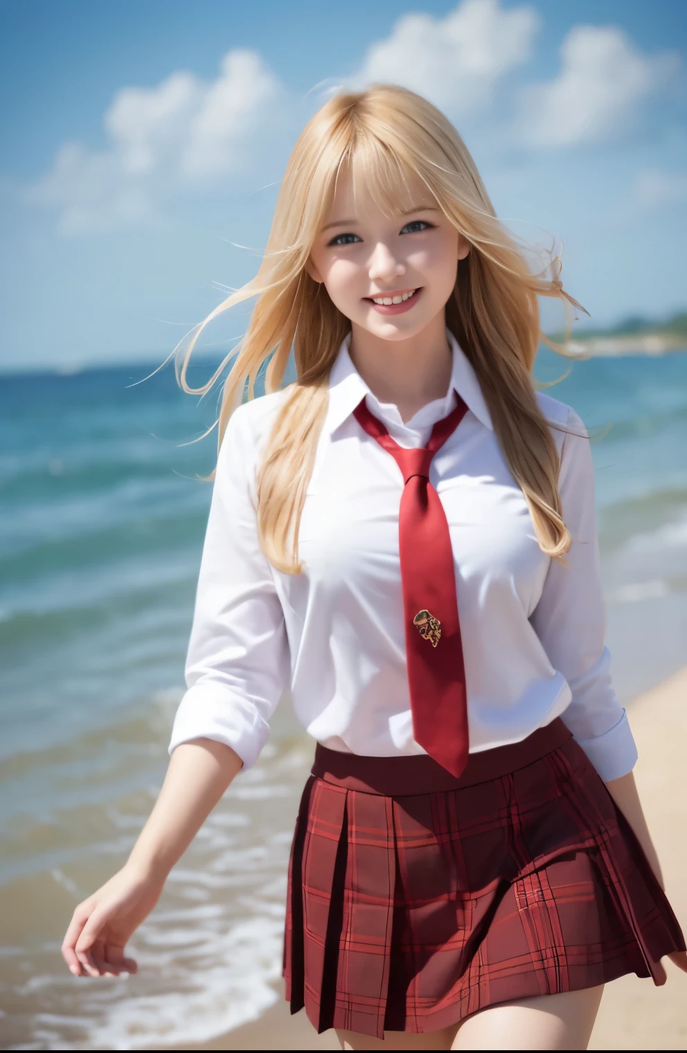 Highest quality,masterpiece:1.3,Ultra-high resolution),(Very detailed,Caustics,8K),(Realistic:1.4,RAW shooting),Wearing high school gym clothes、American Girl,smile,18-year-old,Blonde Hair Color、American eyes、Semi-long haircut,Looking into the camera,School playground、Waist up shot,front,Face Focus,Face close-up,(Warm Light),Professional Writing、Stretching exercises