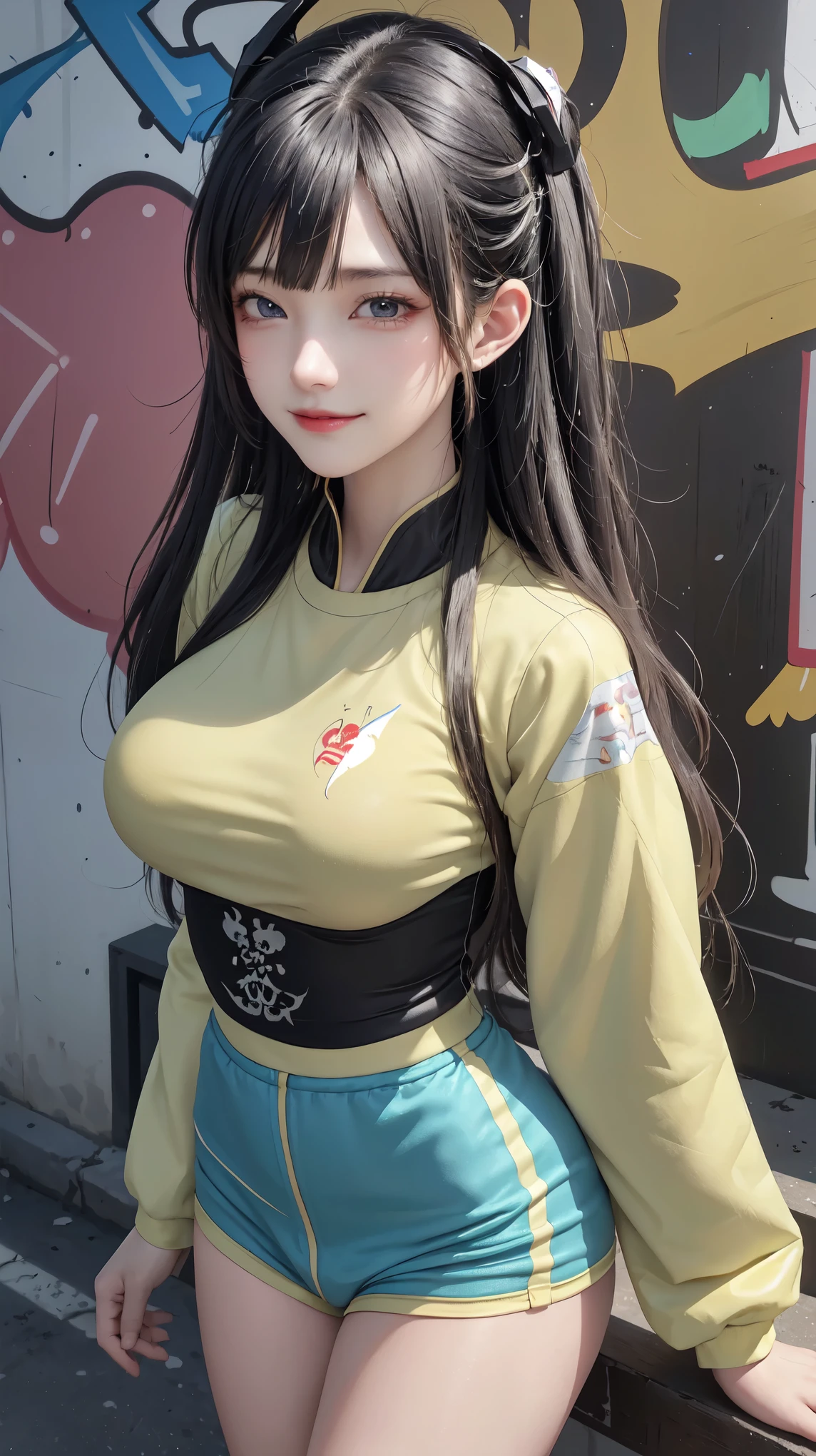 (best quality), masterpiece, 极其细致的CG8K插painting, high color, Extremely high color saturation, All colors are deepened, painting, graffiti art, central composition, Extremely detailed light and shadow, graffiti wall, The walls are painted bright colors, 1 girl graffiti 1 girl looking at the wall, The face and eyes are very detailed, medium length hair, sportswear, colorful clouds