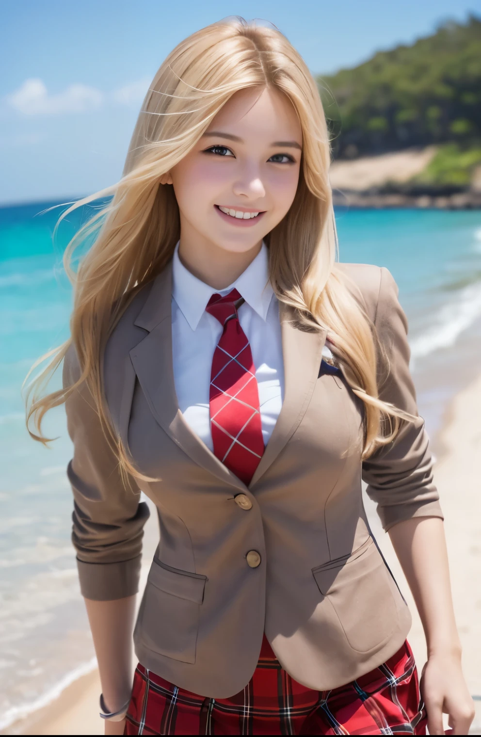 table top,highest quality,super detailed,finely,High resolution,In 8K,((Photoreal:1.4,Raw photo,超A high resolution,best image quality:1.4)),table top、highest quality、 super detailed、High resolution、8k wallpaper、perfect dynamic composition,、detailed and beautiful eyes、(beautiful breasts:1.2) 、blue blazer、school uniform、white shirt、red tie、Plaid brown skirt、1 girl、beautiful girl、high school student、blonde hair、(blonde)shortcut、red eyes、smile、The background is the beautiful sea、walk on the sandy beach、spring