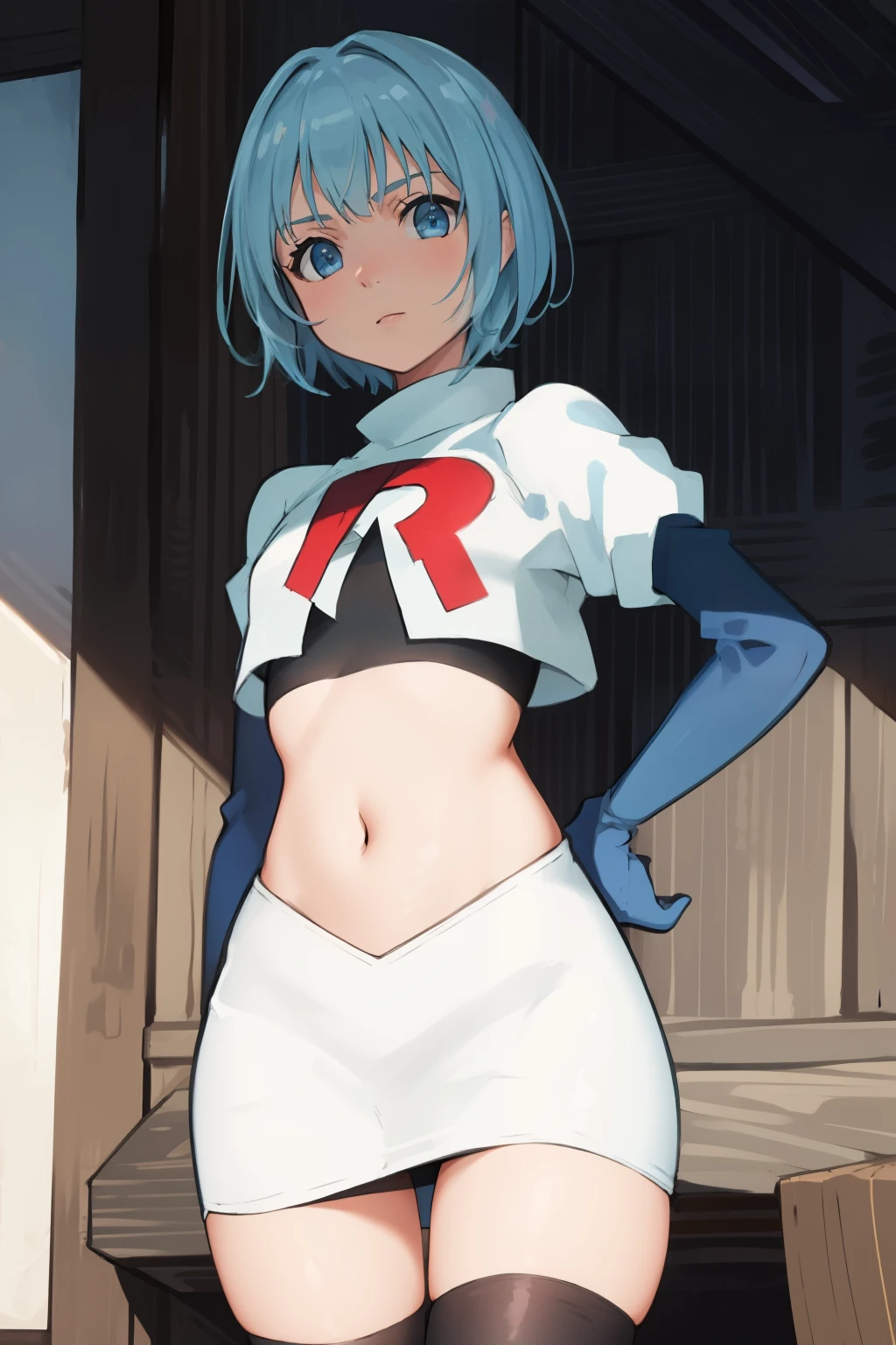 best quality, (masterpiece:1.2), highly detailed,
1girl, solo, lelei la lalena,
looking at viewer,
blue eyes, blue hair, short hair, small breasts, team rocket,team rocket uniform,white skirt,red letter R,crop top,black thigh-highs,black elbow gloves